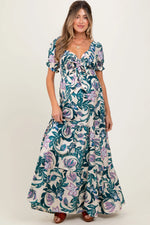 PinkBlush PinkBlush Teal Floral Smocked Front Tie Maternity Maxi Dress for Moms - Apparel & Accessories > Clothing > Maternity Clothing > Maternity Dresses Apparel & Accessories > Clothing > Dresses