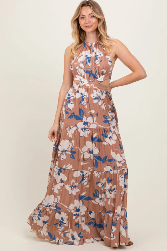PinkBlush Elegant Taupe Floral Halter Maxi Dress with Side Cutouts for Summer Events - Apparel & Accessories > Clothing > Dresses