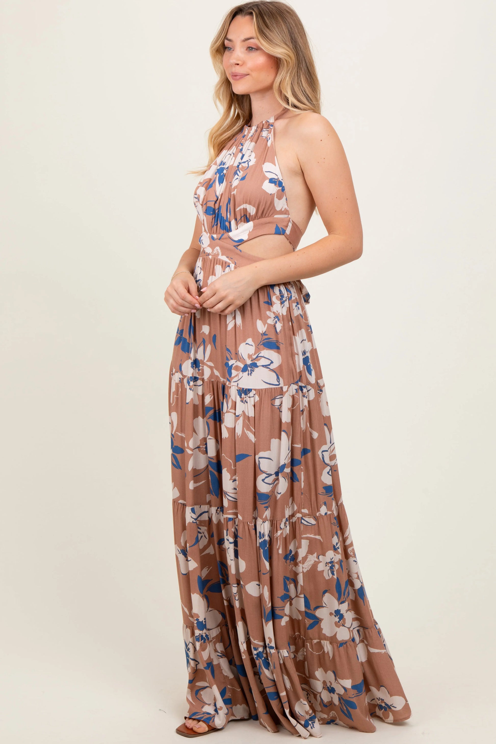 PinkBlush Elegant Taupe Floral Halter Maxi Dress with Side Cutouts for Summer Events - Apparel & Accessories > Clothing > Dresses