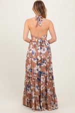 PinkBlush Elegant Taupe Floral Halter Maxi Dress with Side Cutouts for Summer Events - Apparel & Accessories > Clothing > Dresses