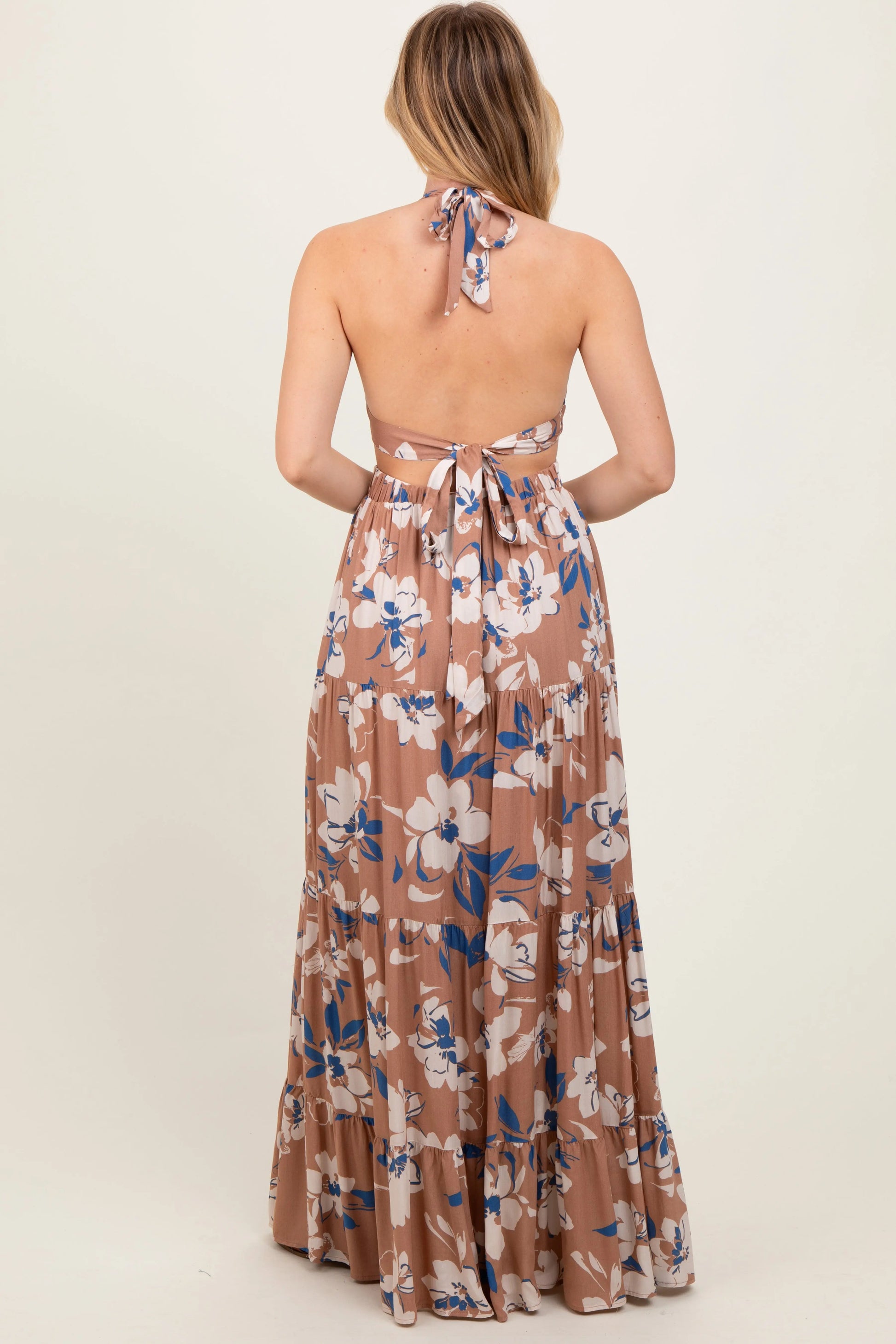PinkBlush Elegant Taupe Floral Halter Maxi Dress with Side Cutouts for Summer Events - Apparel & Accessories > Clothing > Dresses