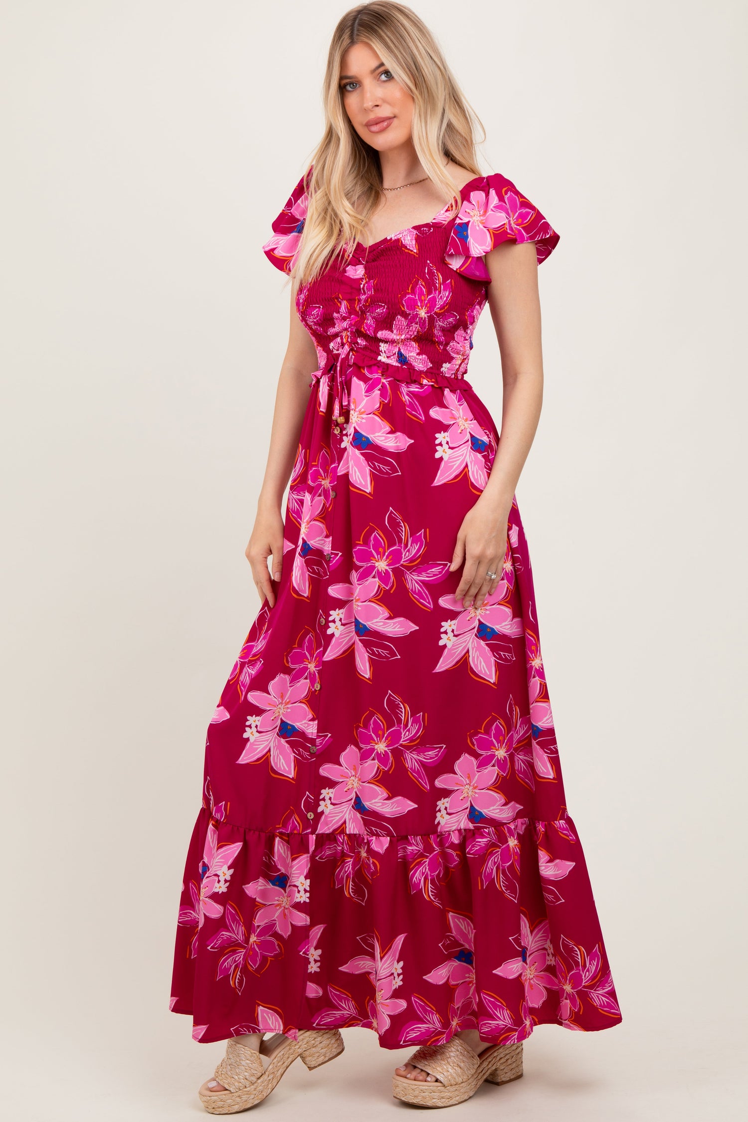Magenta Floral Smocked Cinched Top Maxi Dress by PinkBlush at Everetts Place