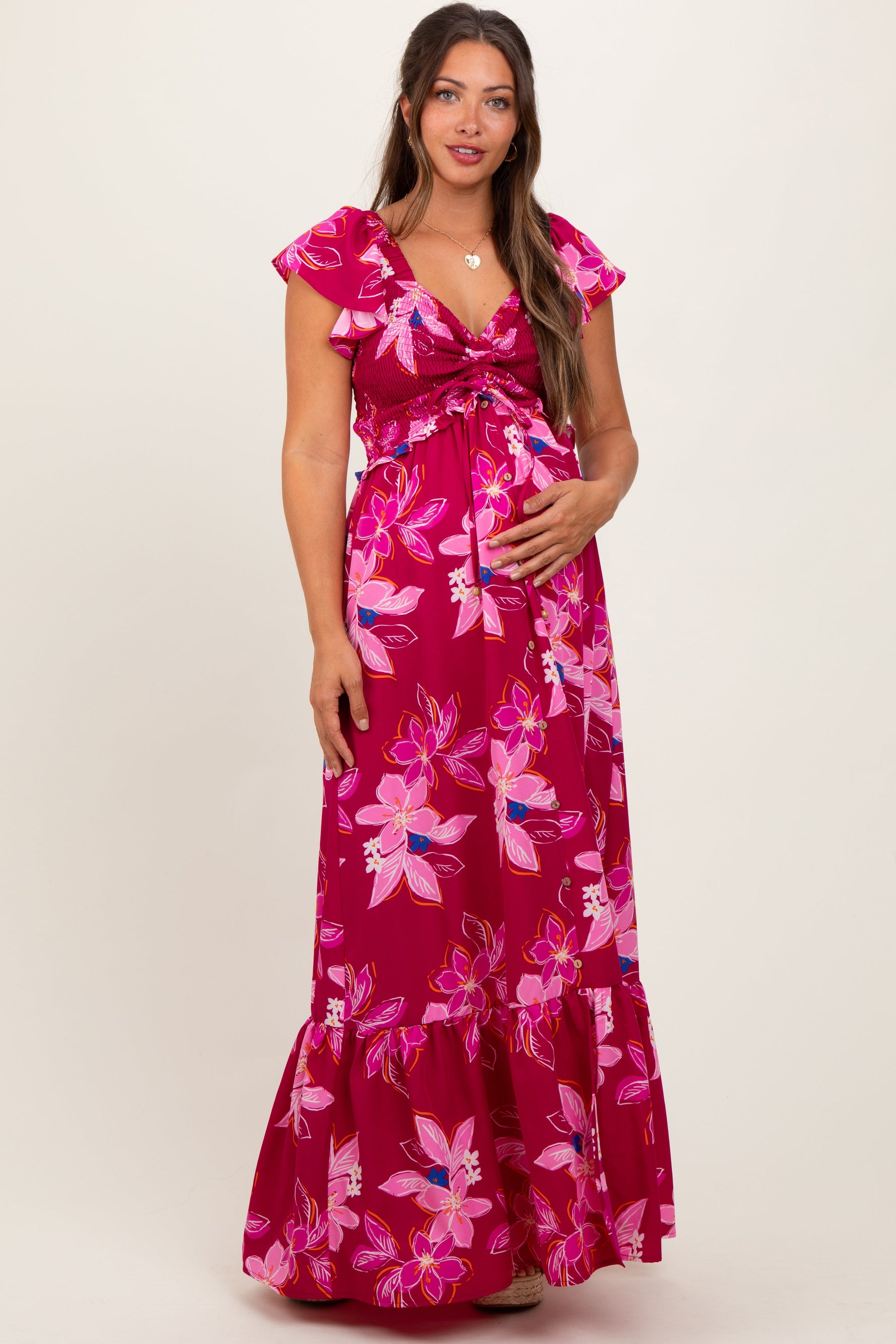 Magenta Floral Smocked Cinched Top Maternity Maxi Dress by PinkBlush at Everetts Place
