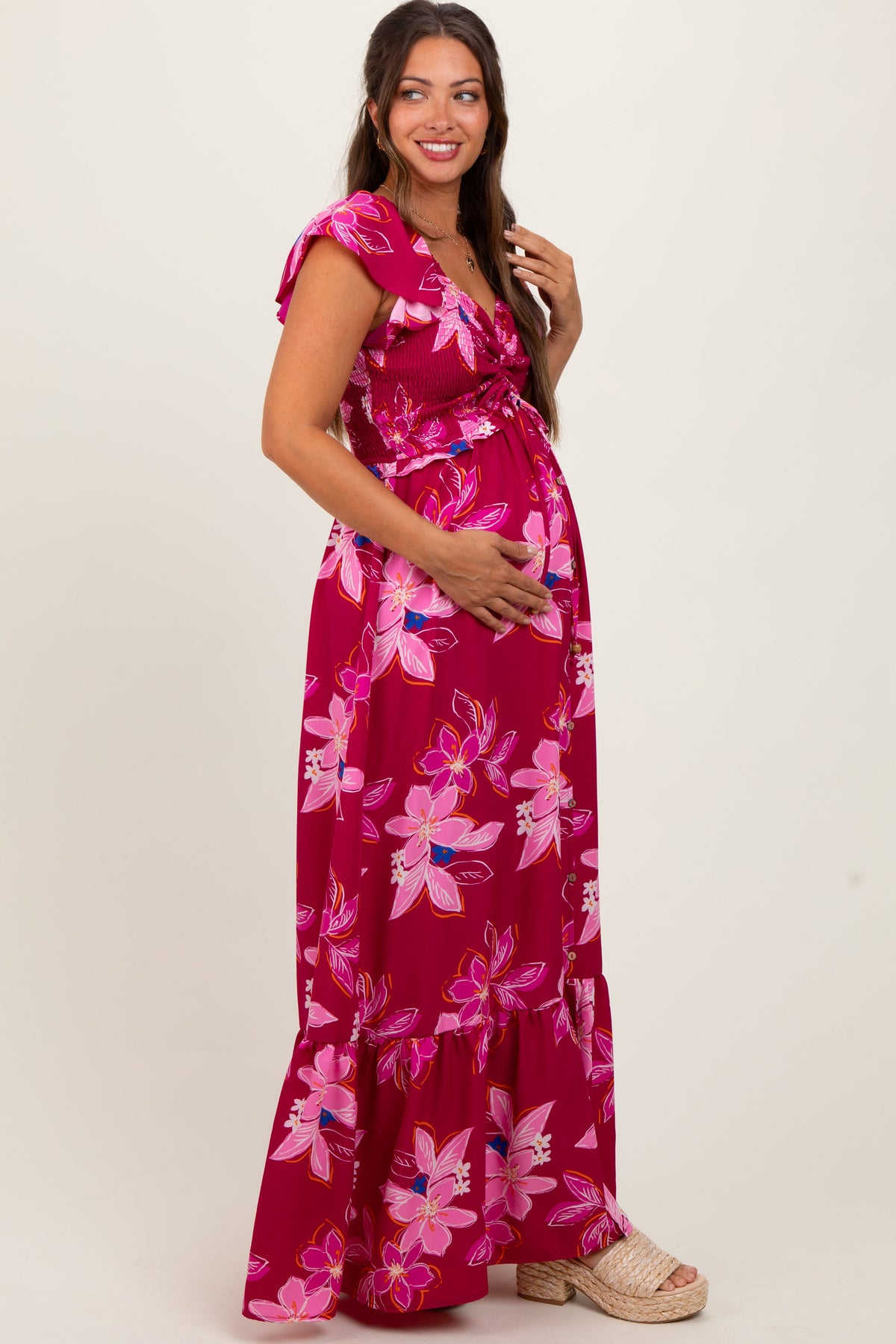 Magenta Floral Smocked Cinched Top Maternity Maxi Dress by PinkBlush at Everetts Place