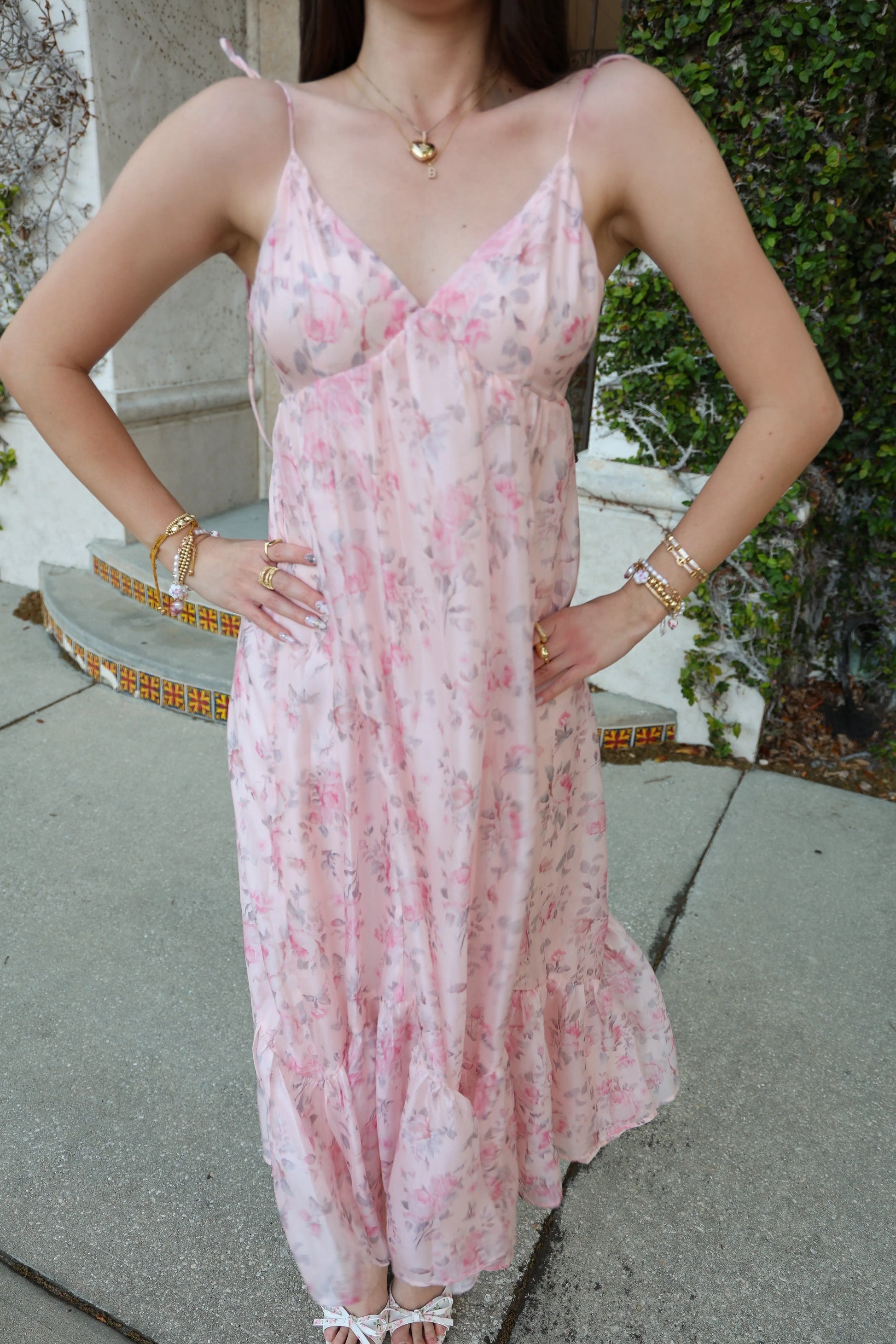 Pink Floral Satin Ruffle Hem Maxi Dress PinkBlush