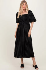 PinkBlush Chic Black Linen Stripe Midi Dress with Puff Sleeves for Fashionable Women - Apparel & Accessories > Clothing > Dresses