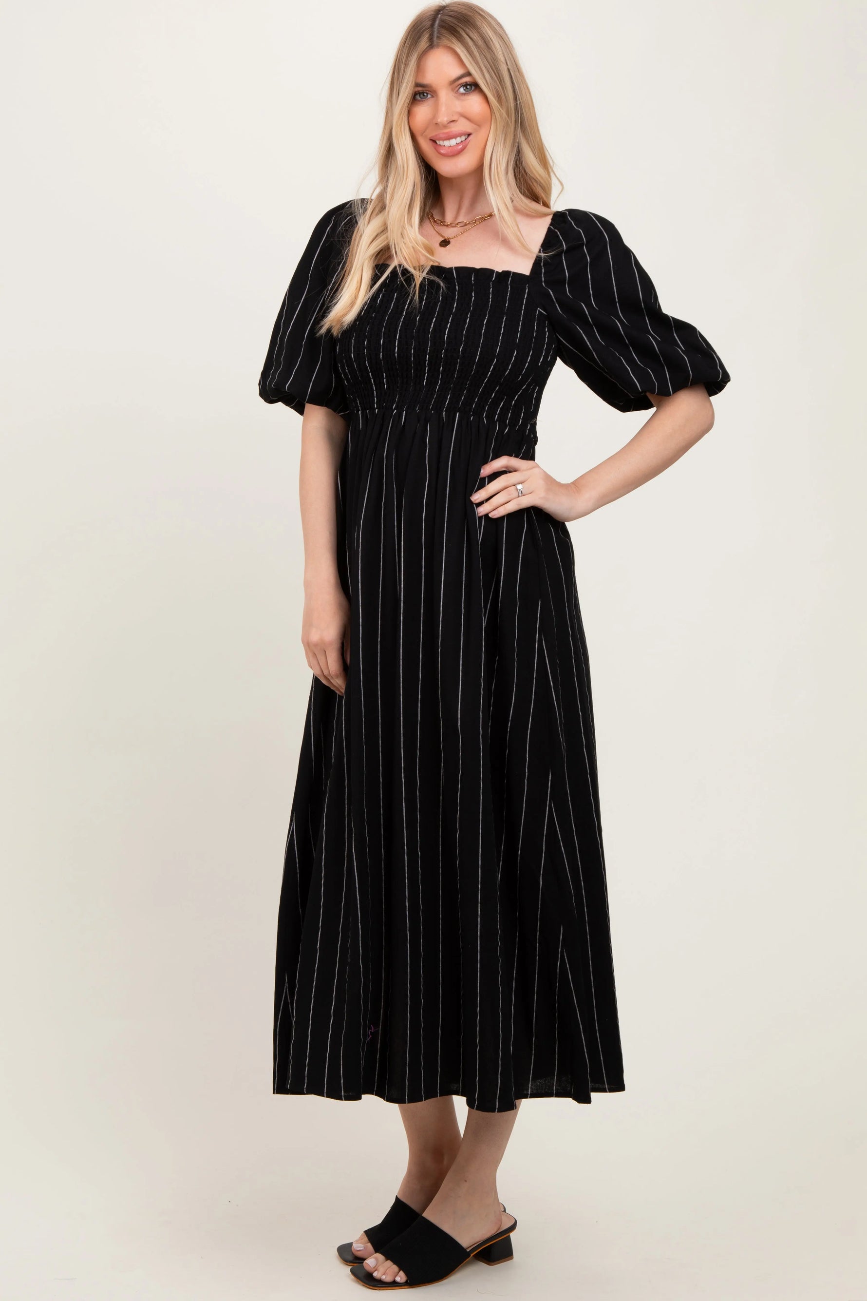 PinkBlush Chic Black Linen Stripe Midi Dress with Puff Sleeves for Fashionable Women - Apparel & Accessories > Clothing > Dresses
