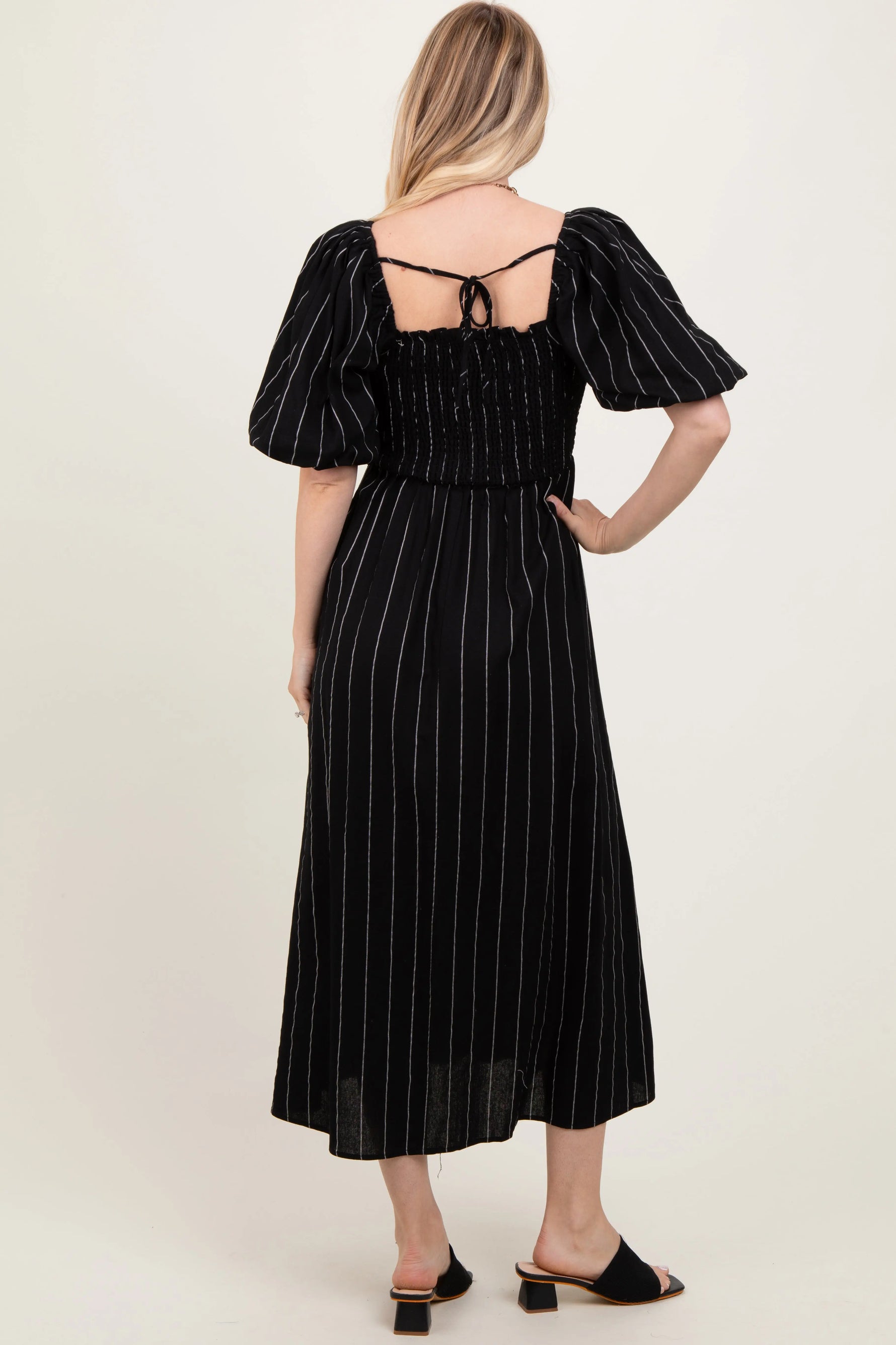 PinkBlush Chic Black Linen Stripe Midi Dress with Puff Sleeves for Fashionable Women - Apparel & Accessories > Clothing > Dresses