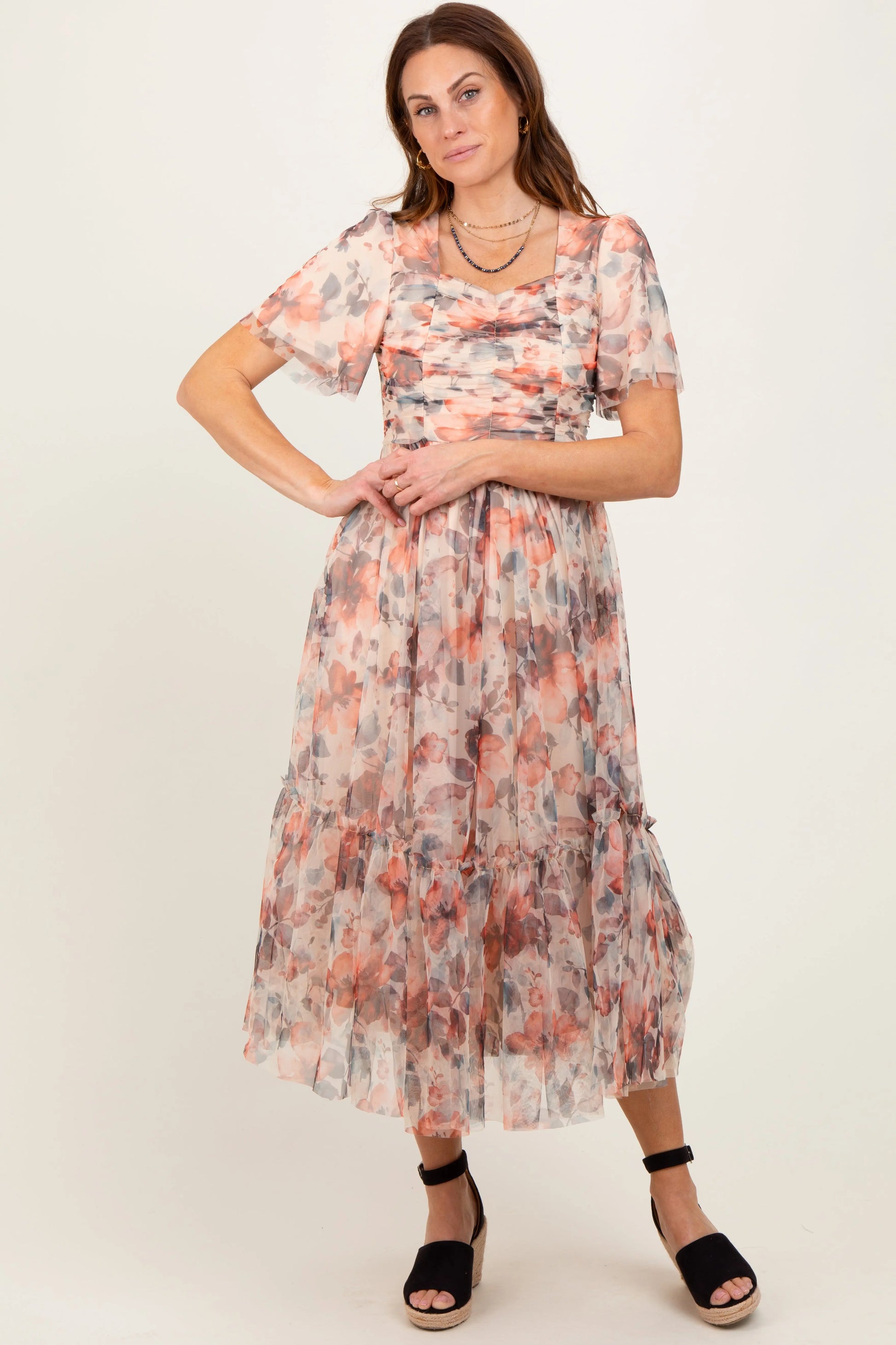 PinkBlush Elegant Peach Floral Maternity Midi Dress with Sweetheart Neck for Expecting Moms - Apparel & Accessories > Clothing > Dresses