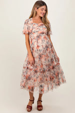 PinkBlush Elegant Peach Floral Maternity Midi Dress with Sweetheart Neck for Expecting Moms - Apparel & Accessories > Clothing > Dresses