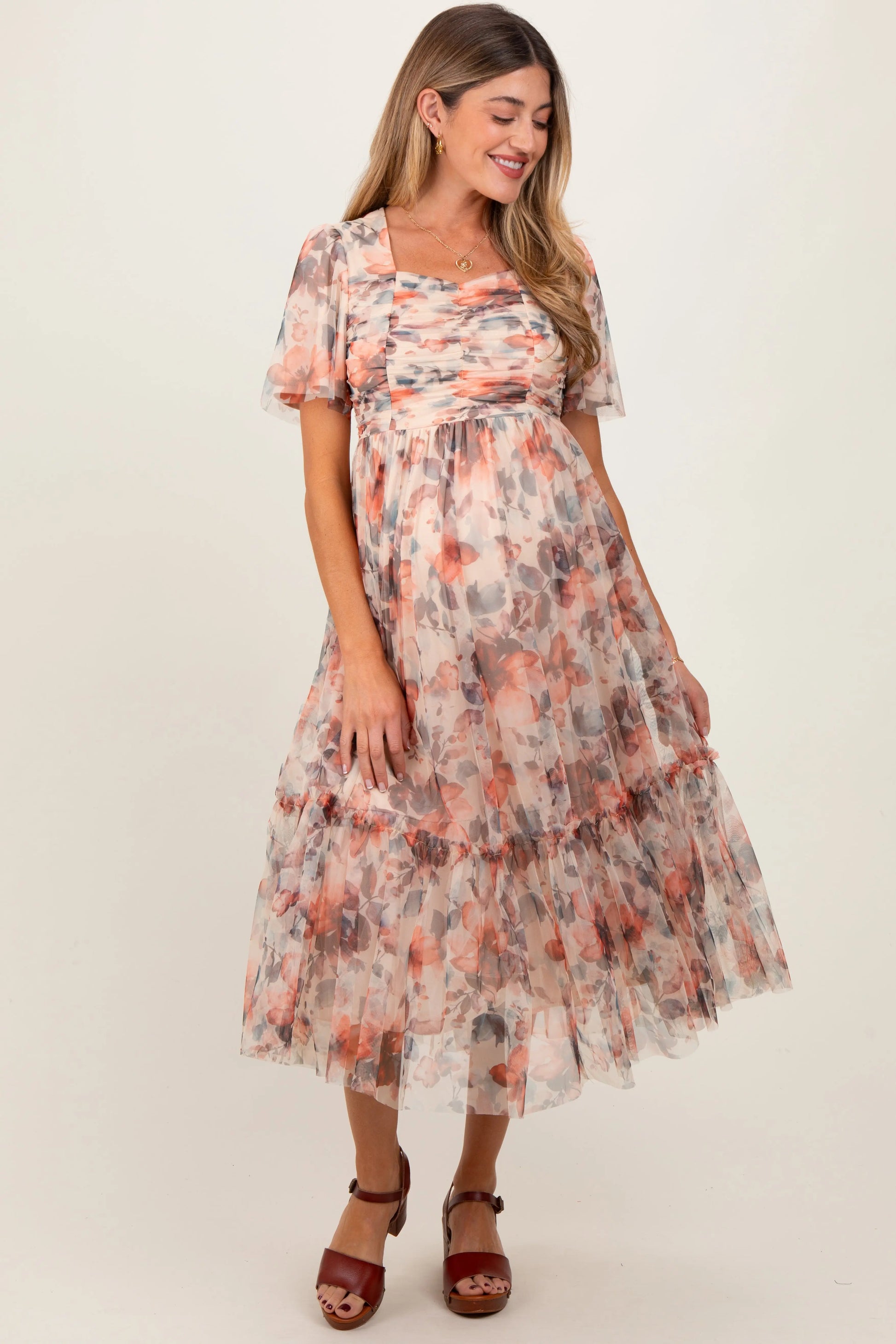 PinkBlush Elegant Peach Floral Maternity Midi Dress with Sweetheart Neck for Expecting Moms - Apparel & Accessories > Clothing > Dresses