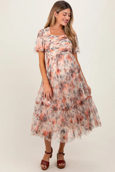 Elegant Peach Floral Maternity Midi Dress with Sweetheart Neck for Expecting Moms
