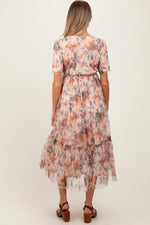 PinkBlush Elegant Peach Floral Maternity Midi Dress with Sweetheart Neck for Expecting Moms - Apparel & Accessories > Clothing > Dresses
