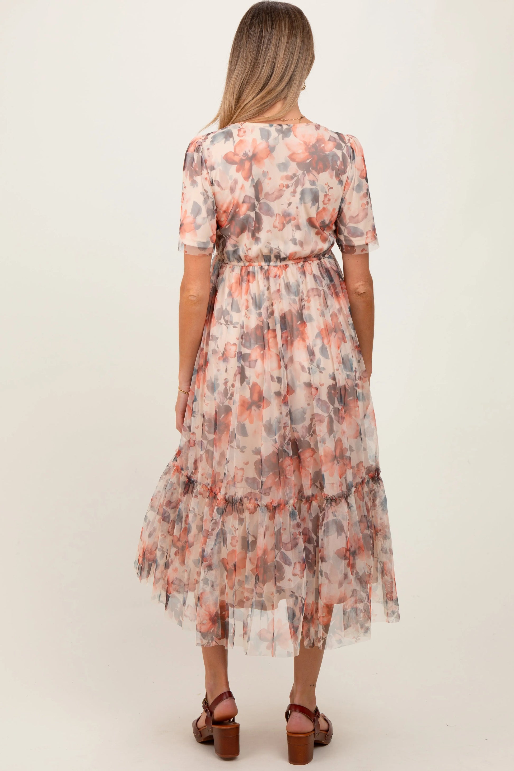 PinkBlush Elegant Peach Floral Maternity Midi Dress with Sweetheart Neck for Expecting Moms - Apparel & Accessories > Clothing > Dresses