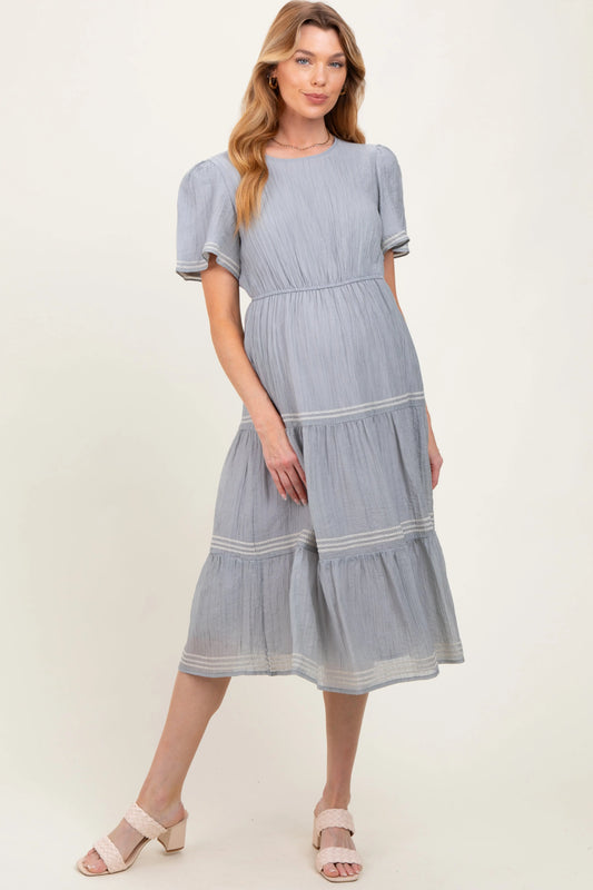 Light Blue Embroidered Tiered Maternity Midi Dress Final Sale PinkBlush