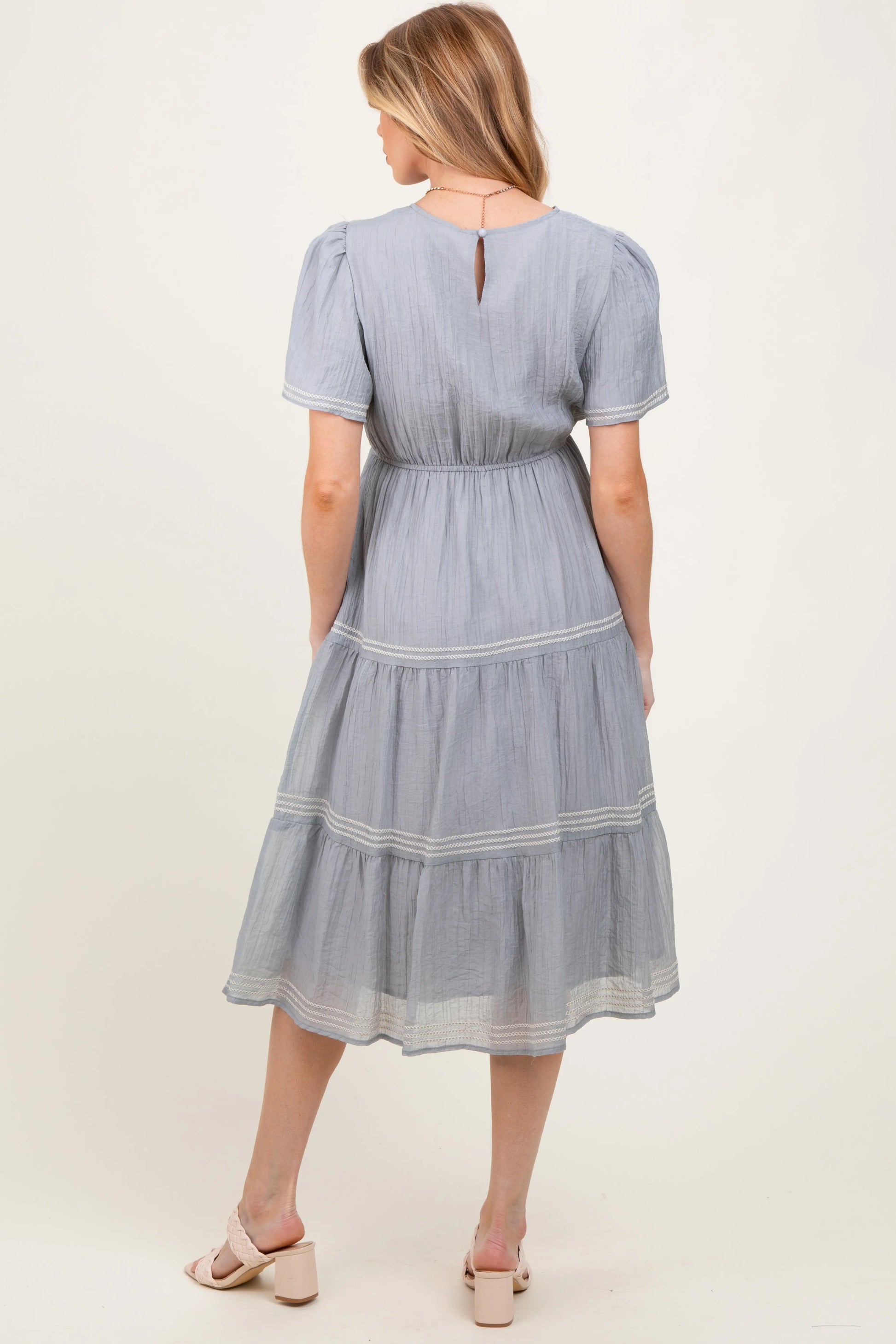 Light Blue Embroidered Tiered Maternity Midi Dress Final Sale PinkBlush