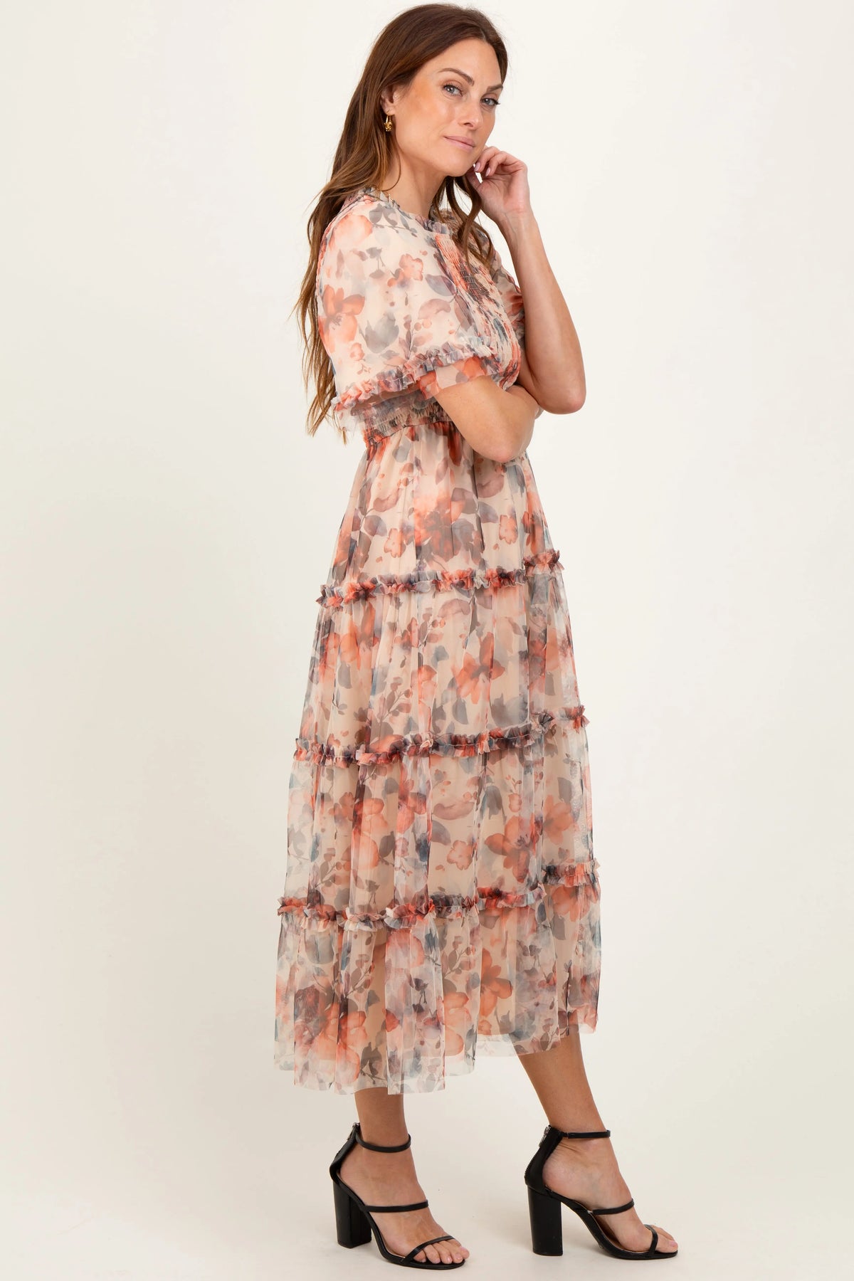 Peach Floral Mesh Smocked Midi Dress PinkBlush 