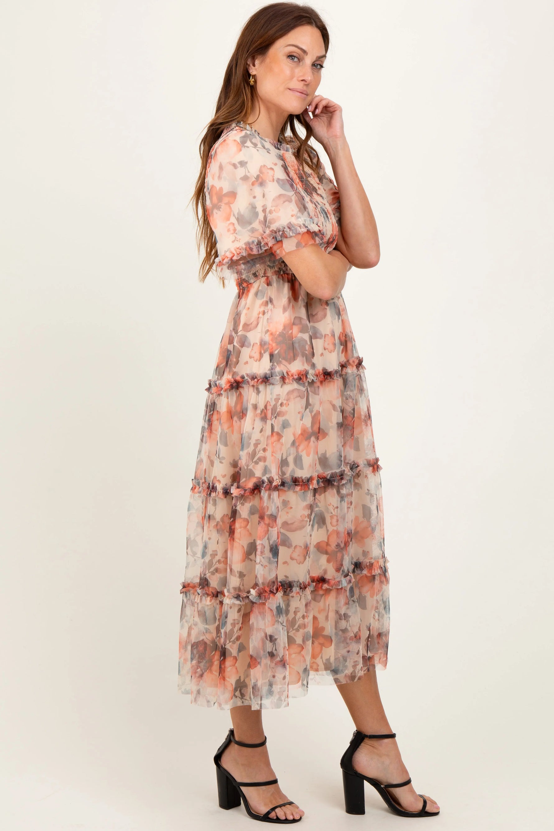Peach Floral Mesh Smocked Midi Dress PinkBlush 