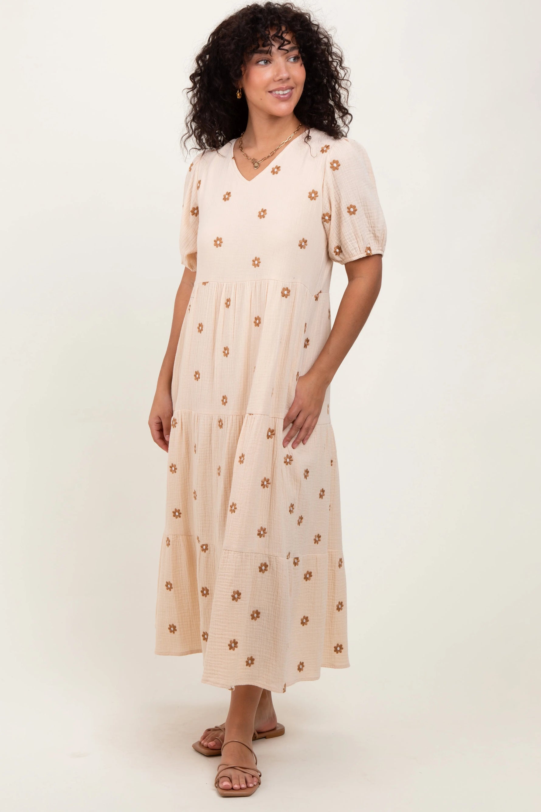 PinkBlush PinkBlush Cream Floral Embroidered Tiered Maternity Midi Dress for Moms - Apparel & Accessories > Clothing > Dresses
