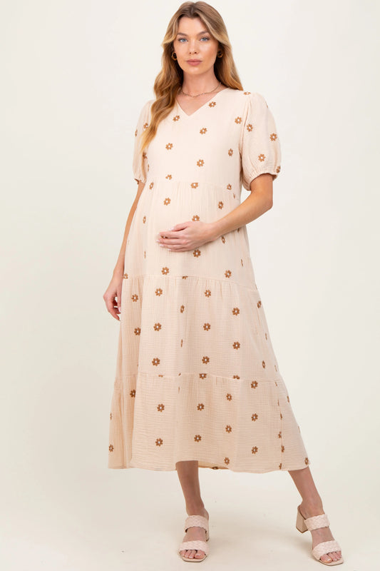 PinkBlush PinkBlush Cream Floral Embroidered Tiered Maternity Midi Dress for Moms - Apparel & Accessories > Clothing > Dresses