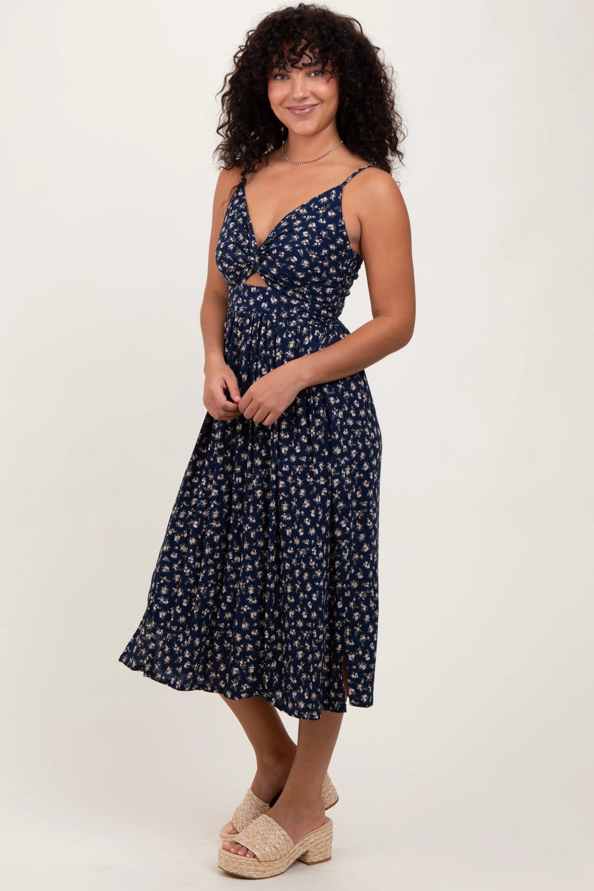 Navy Floral Twist Front Cut Out Midi Dress PinkBlush 