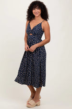 Navy Floral Twist Front Cut Out Midi Dress PinkBlush 
