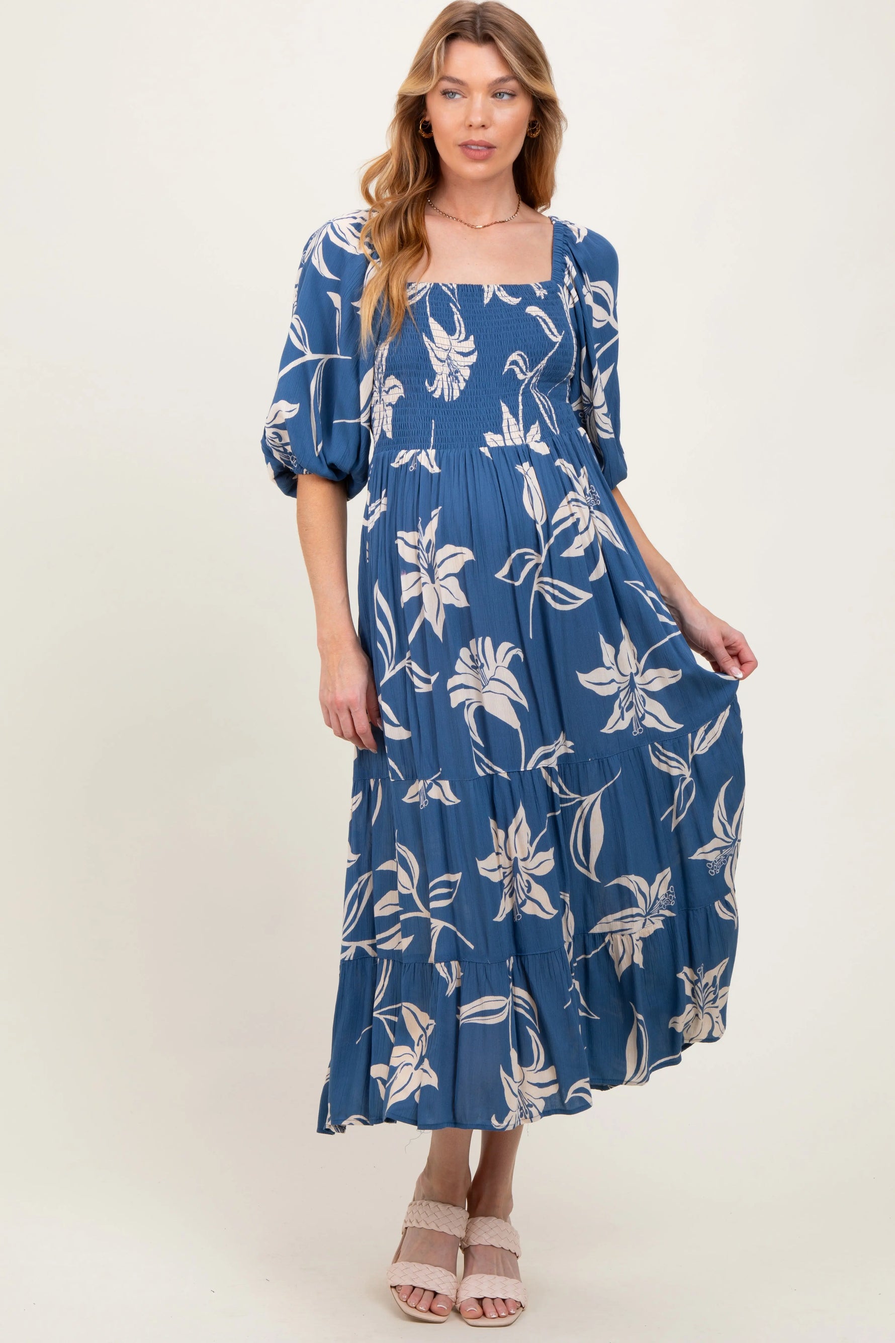 Blue Smocked Puff Sleeve Maternity Midi Dress PinkBlush 