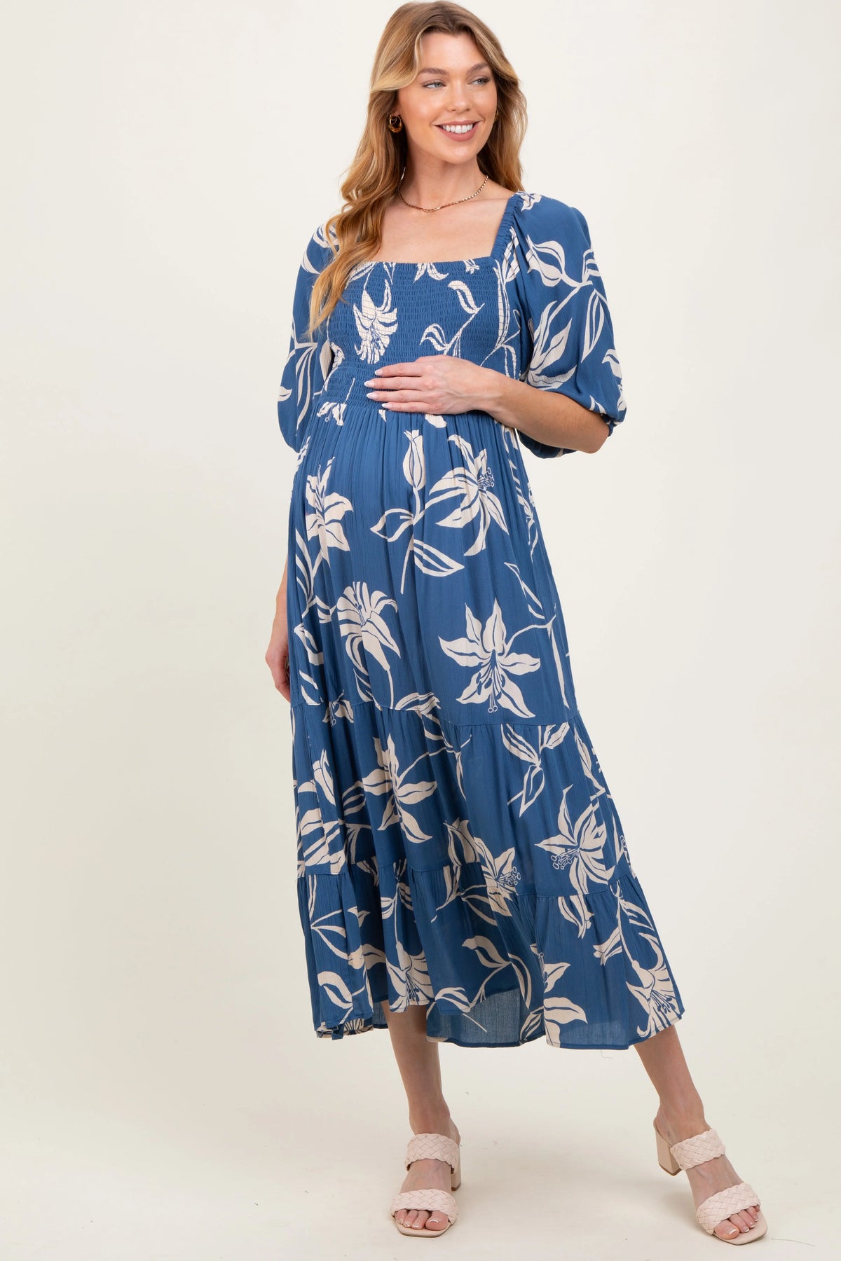 Blue Smocked Puff Sleeve Maternity Midi Dress PinkBlush 