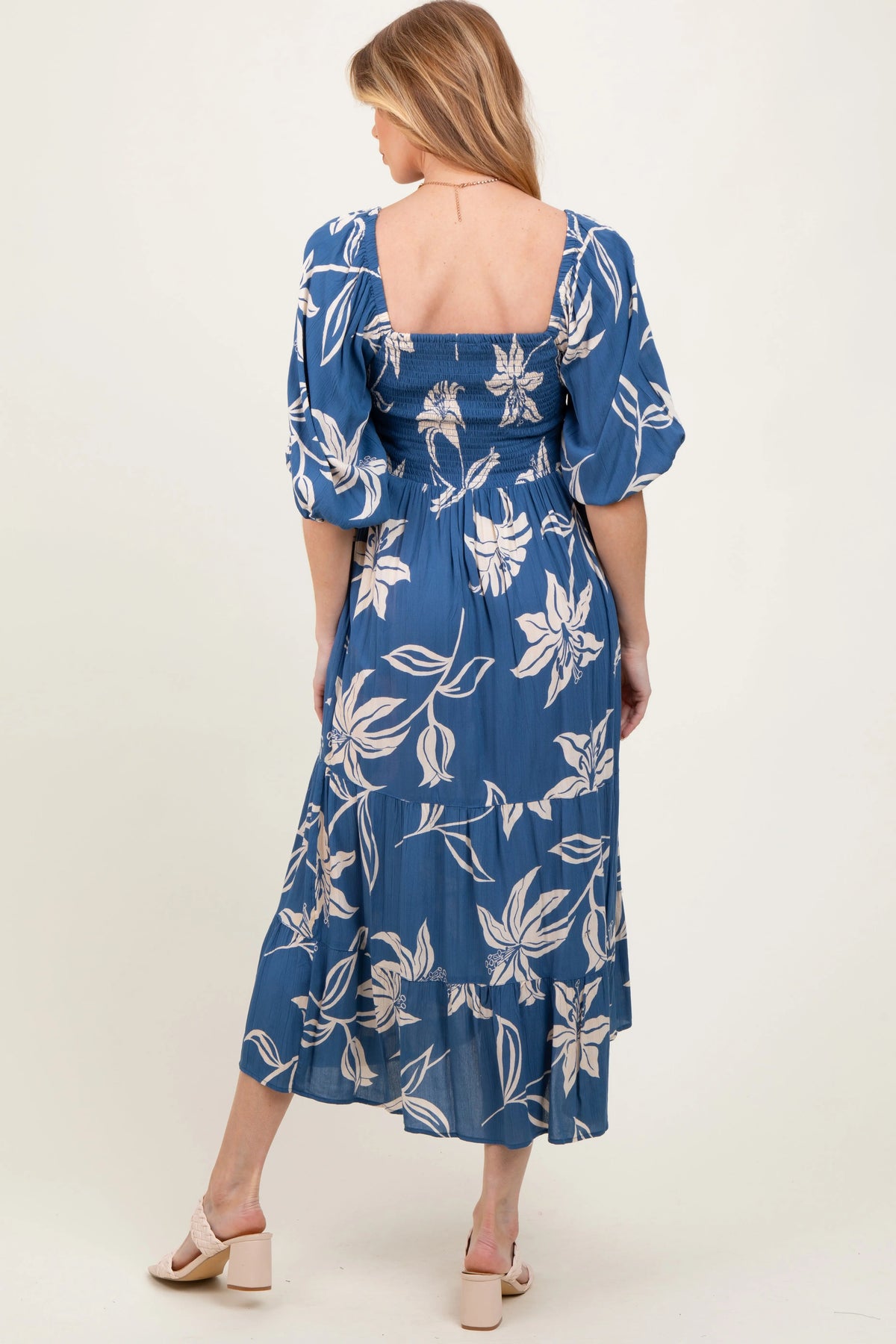 Blue Smocked Puff Sleeve Maternity Midi Dress PinkBlush 