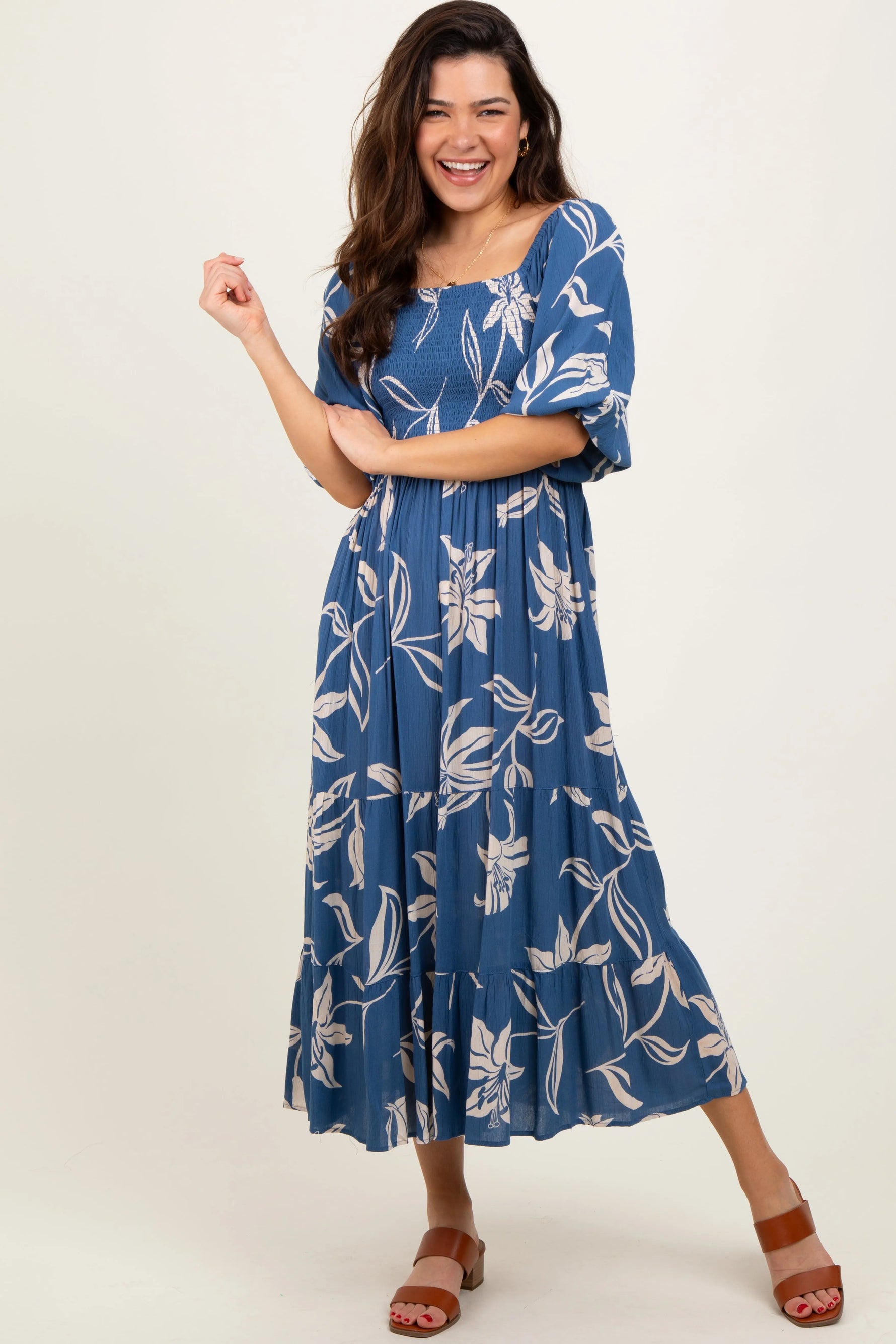 Blue Smocked Puff Sleeve Maternity Midi Dress PinkBlush 