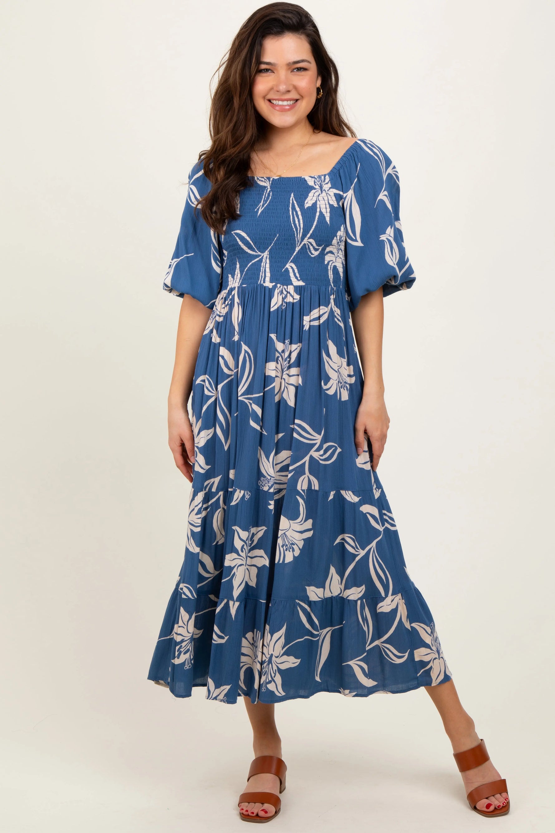 Blue Smocked Puff Sleeve Midi Dress PinkBlush 