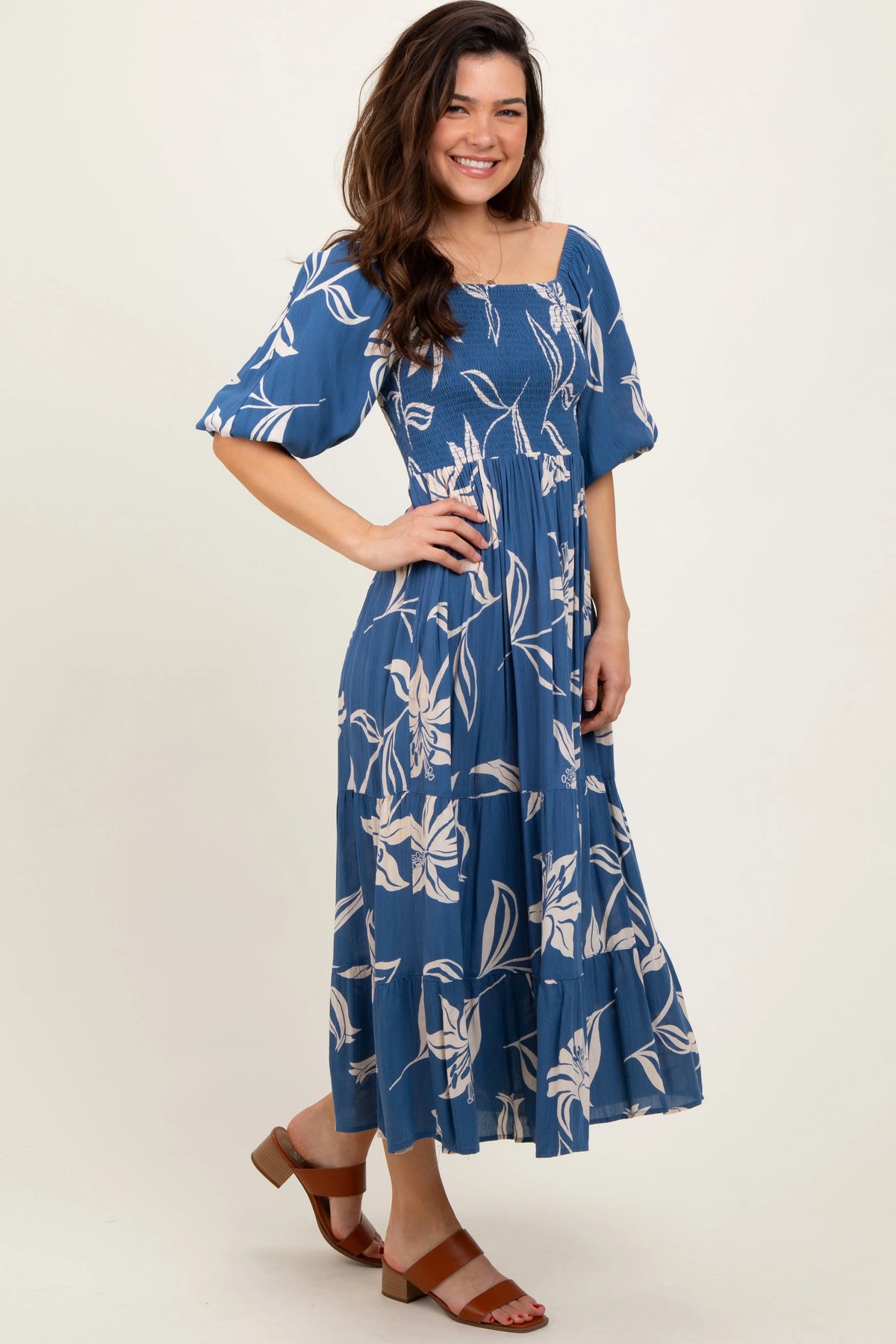 Blue Smocked Puff Sleeve Midi Dress PinkBlush 