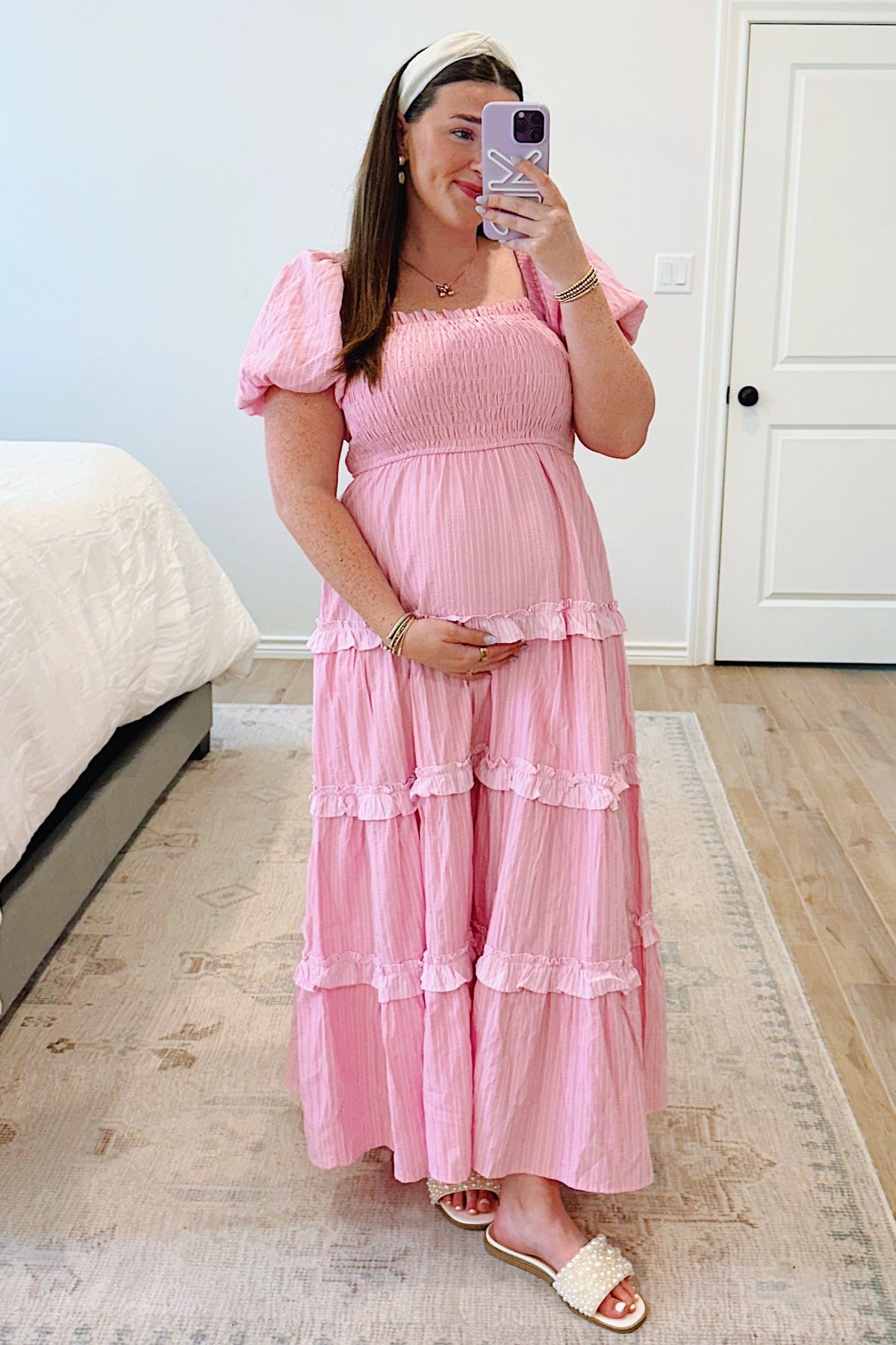 Pink Smocked Ruffle Tiered Puff Sleeve Maternity Maxi Dress by PinkBlush (view 5 of 7)