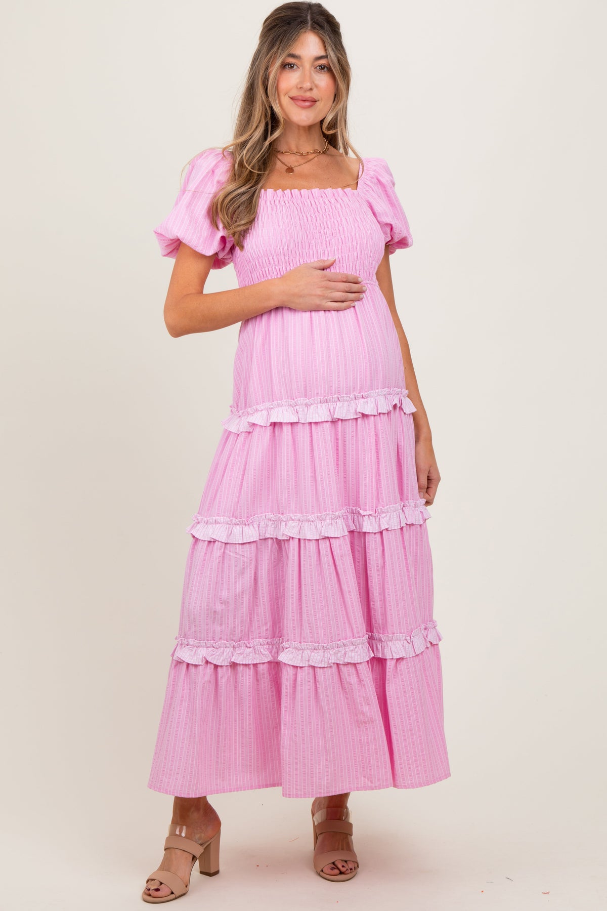 Pink Smocked Ruffle Tiered Puff Sleeve Maternity Maxi Dress by PinkBlush (view 1 of 7)