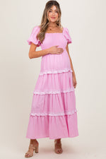 Pink Smocked Ruffle Tiered Puff Sleeve Maternity Maxi Dress by PinkBlush (view 1 of 7)