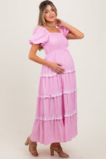 Pink Smocked Ruffle Tiered Puff Sleeve Maternity Maxi Dress by PinkBlush (view 2 of 7)
