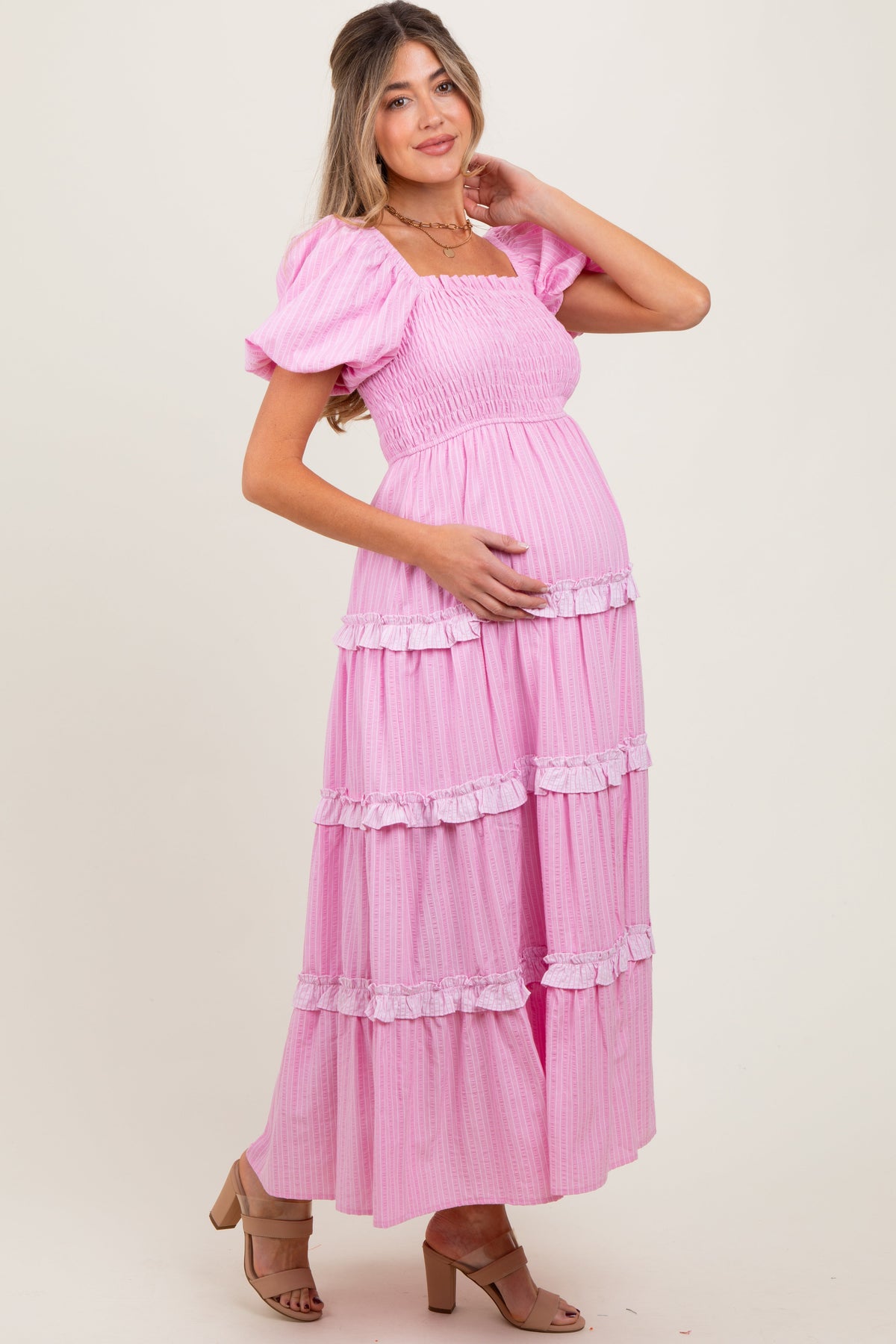 Pink Smocked Ruffle Tiered Puff Sleeve Maternity Maxi Dress by PinkBlush (view 2 of 7)