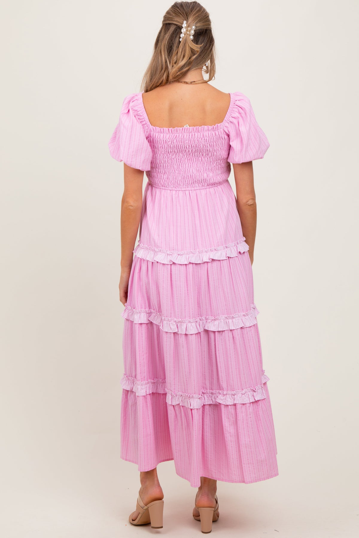 Pink Smocked Ruffle Tiered Puff Sleeve Maternity Maxi Dress by PinkBlush (view 3 of 7)