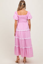 Pink Smocked Ruffle Tiered Puff Sleeve Maternity Maxi Dress by PinkBlush (view 3 of 7)
