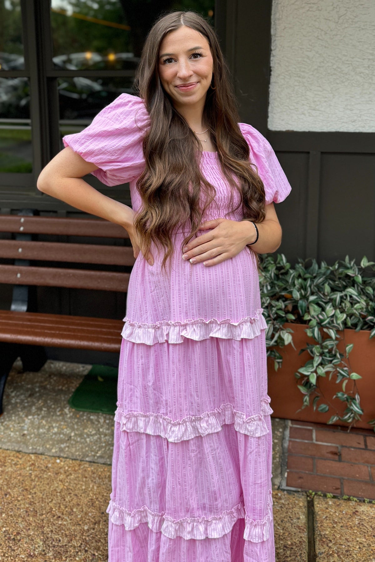 Pink Smocked Ruffle Tiered Puff Sleeve Maternity Maxi Dress by PinkBlush (view 4 of 7)
