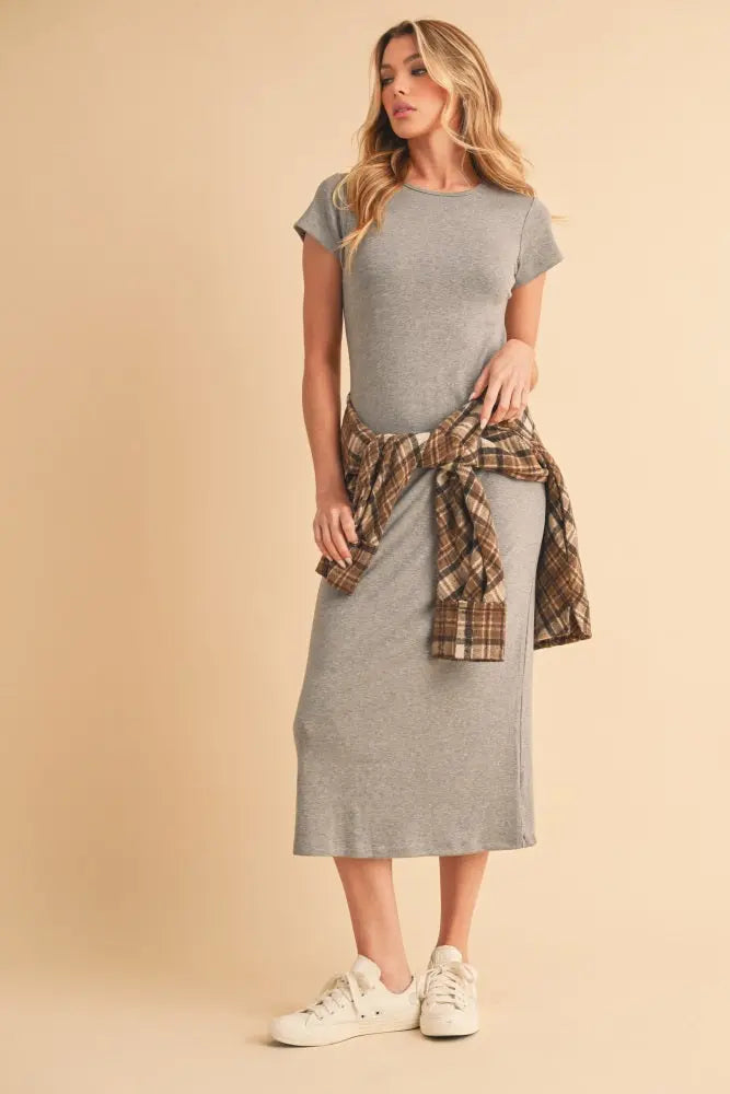 Heather Gray Basic Crewneck Midi Dress PinkBlush 