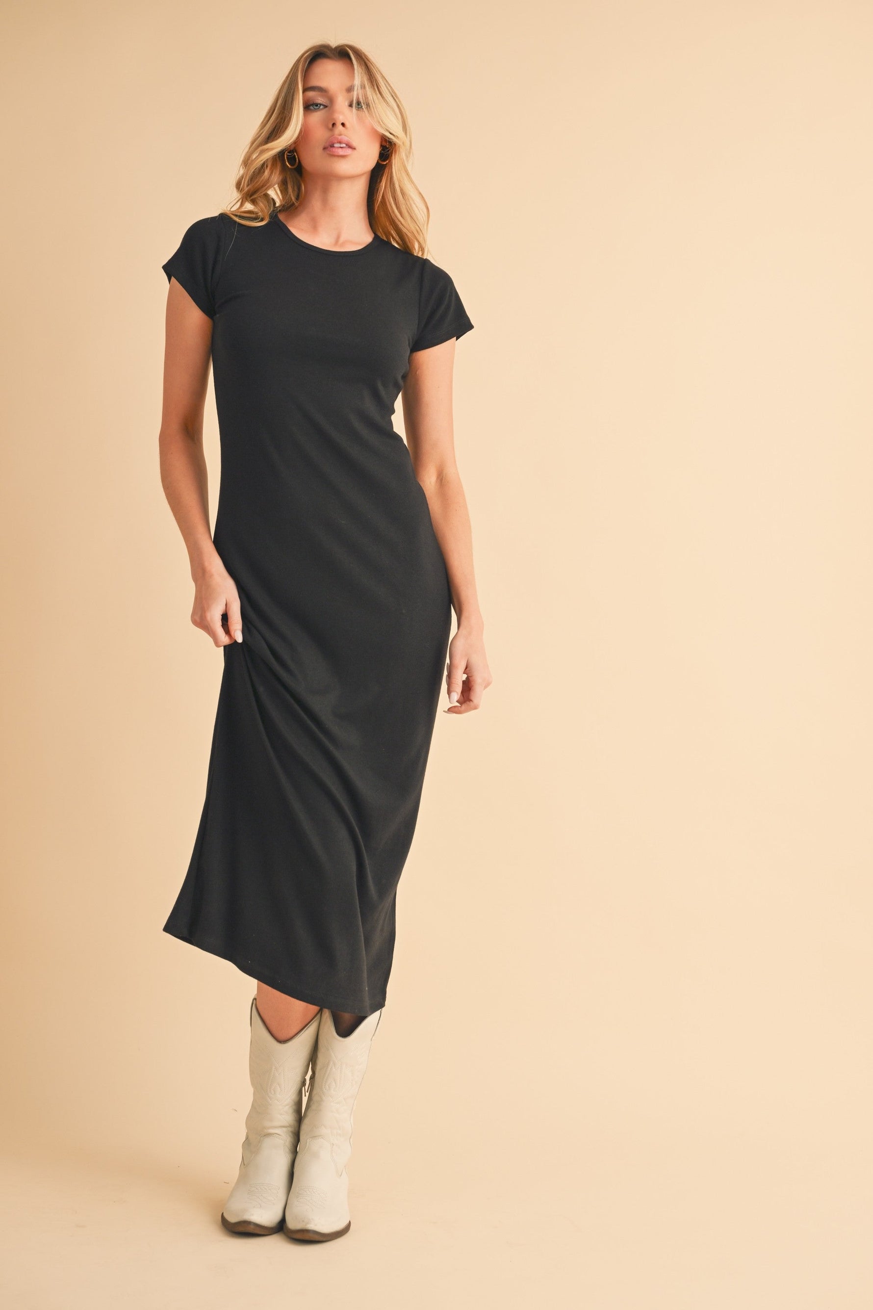 Black Basic Crewneck Maternity Midi Dress by PinkBlush at Everetts Place