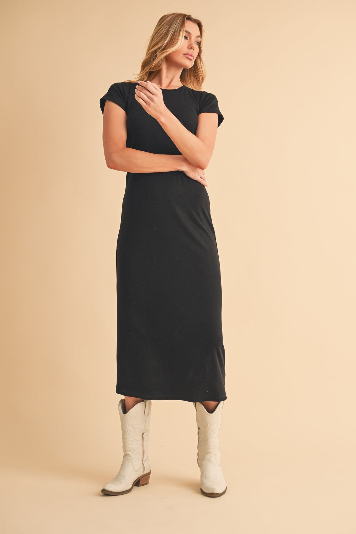 Black Basic Crewneck Midi Dress by PinkBlush at Everetts Place