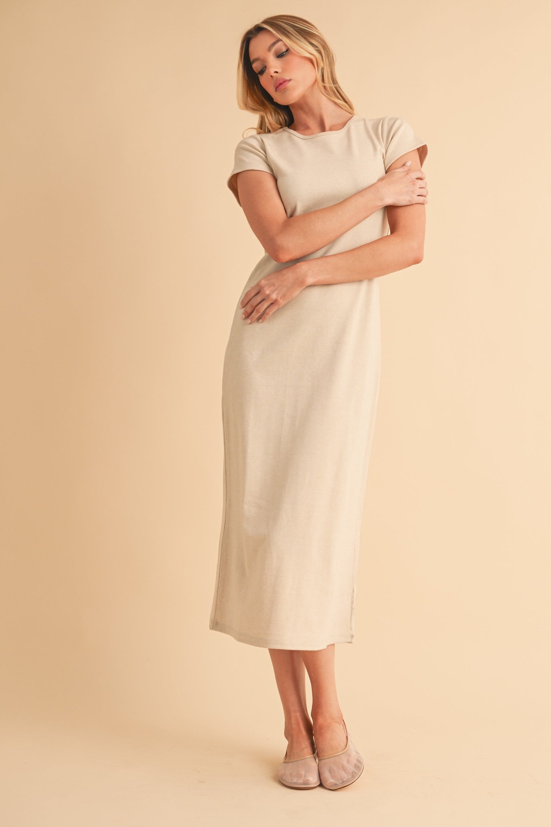 Cream Basic Crewneck Midi Dress by PinkBlush at Everetts Place