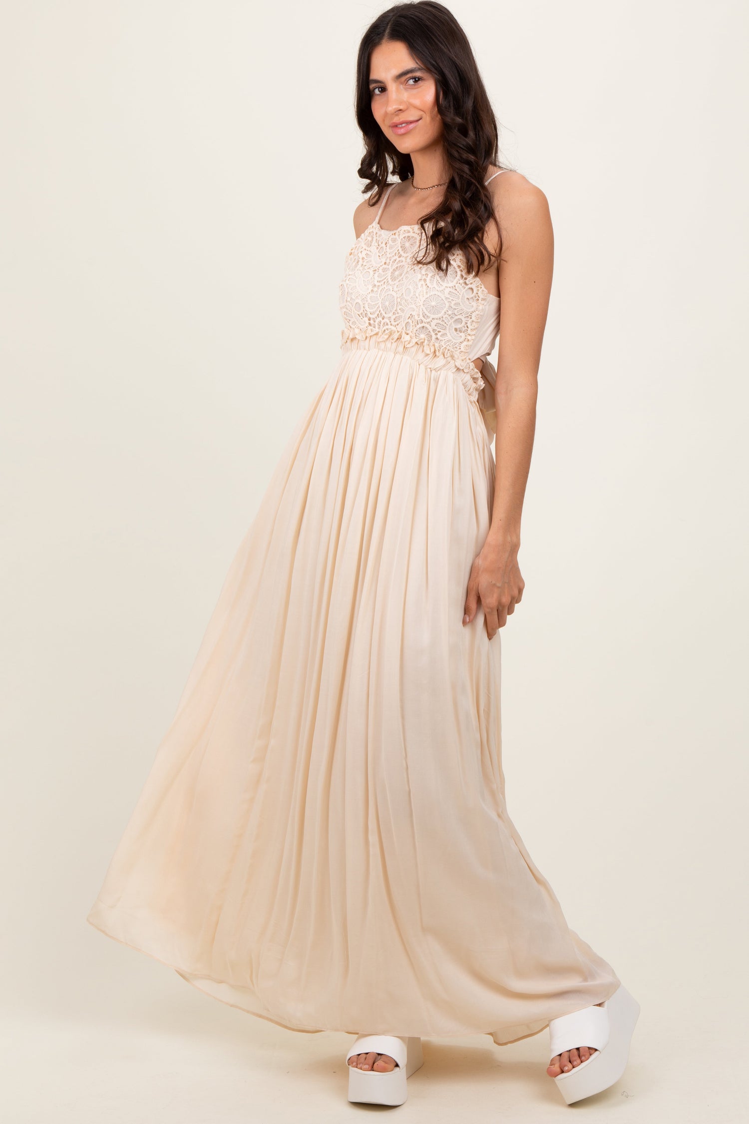 Beige Lace Bodice Cutout Tie Back Maxi Dress by PinkBlush at Everetts Place