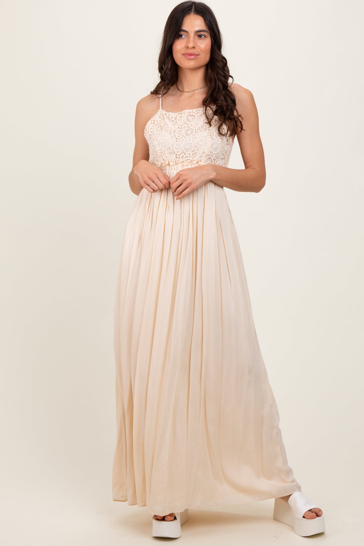 Beige Lace Bodice Cutout Tie Back Maxi Dress by PinkBlush at Everetts Place
