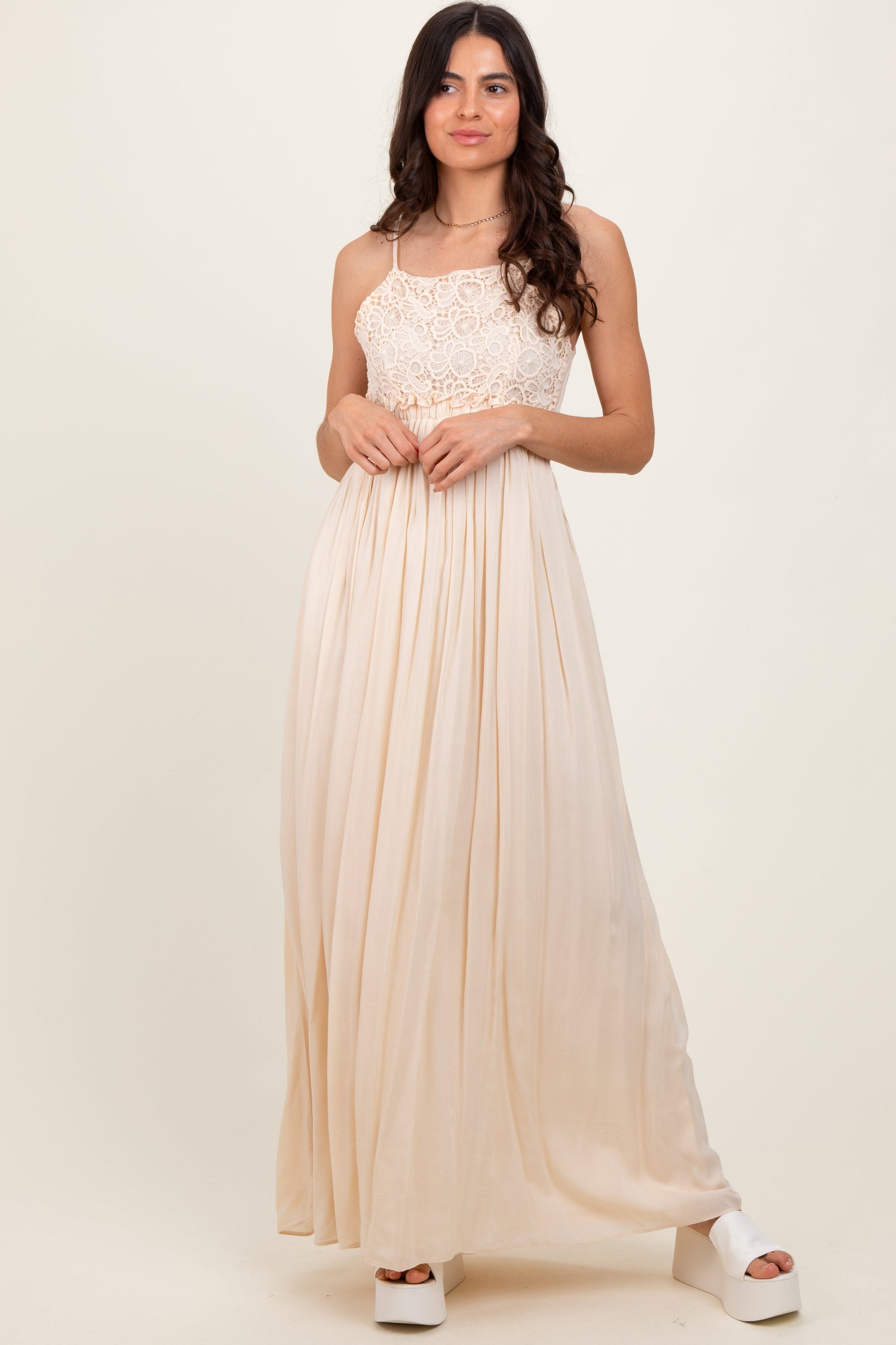 Beige Lace Bodice Cutout Tie Back Maxi Dress by PinkBlush at Everetts Place