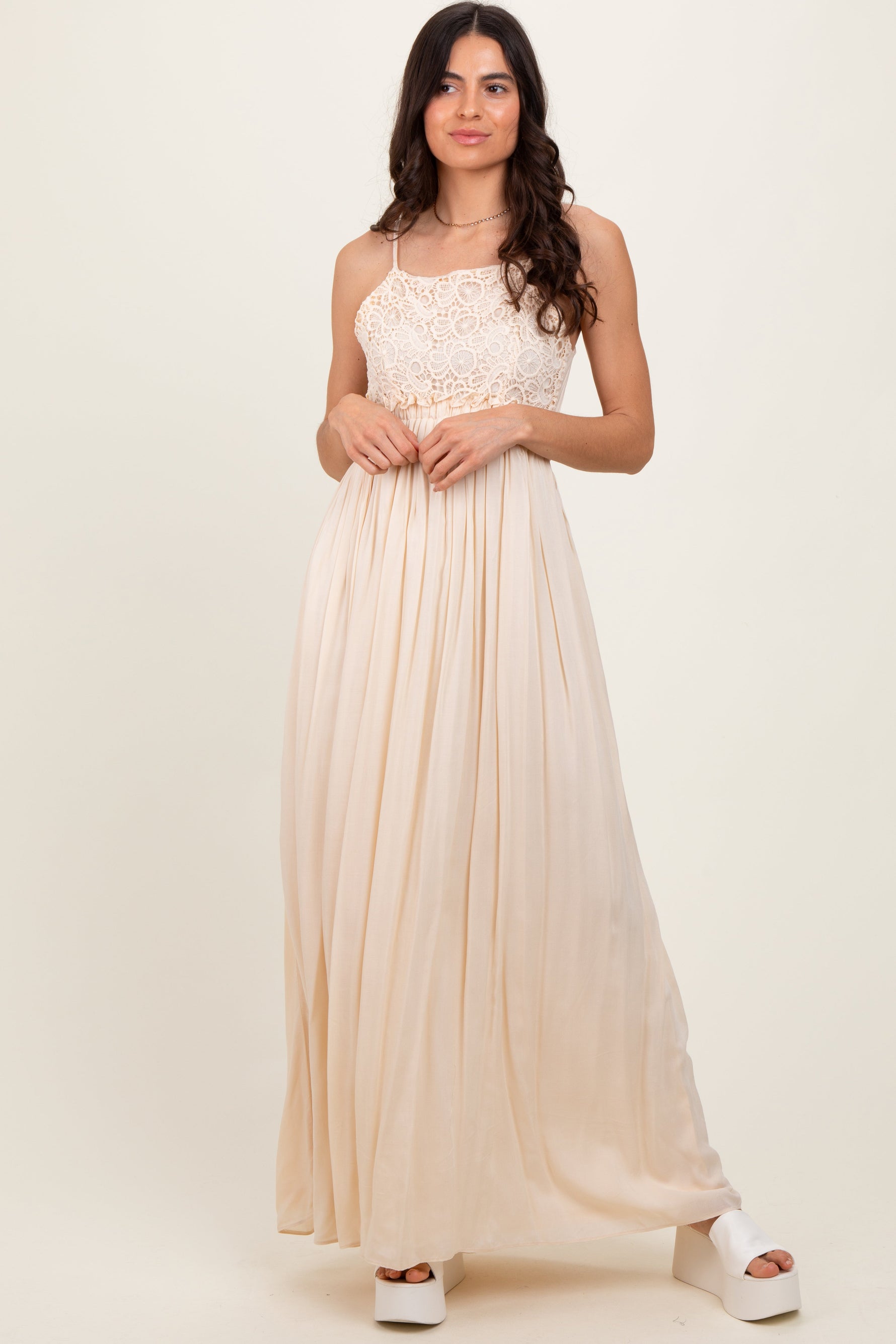 Beige Lace Bodice Cutout Tie Back Maxi Dress by PinkBlush at Everetts Place