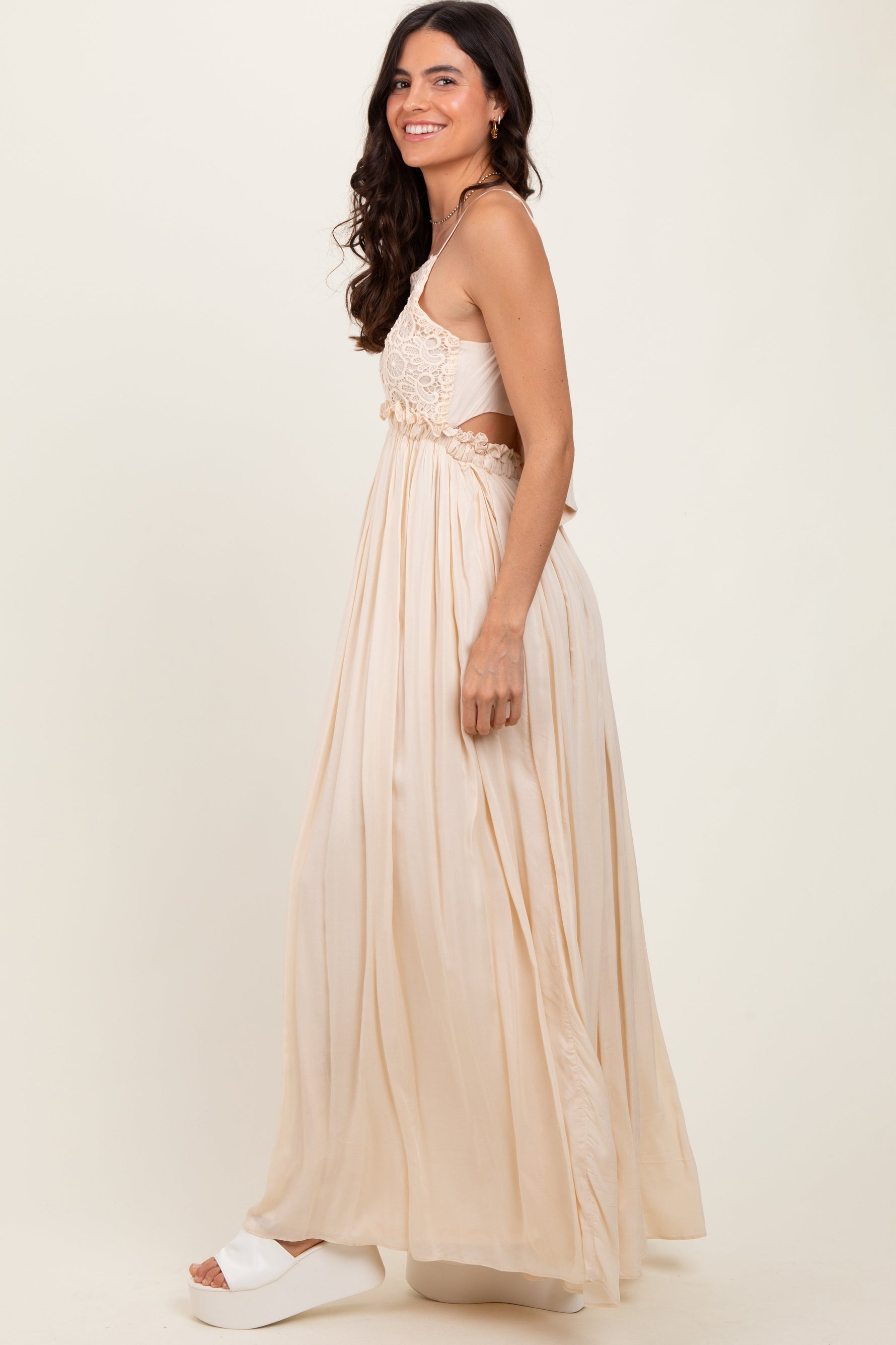 Beige Lace Bodice Cutout Tie Back Maxi Dress by PinkBlush at Everetts Place