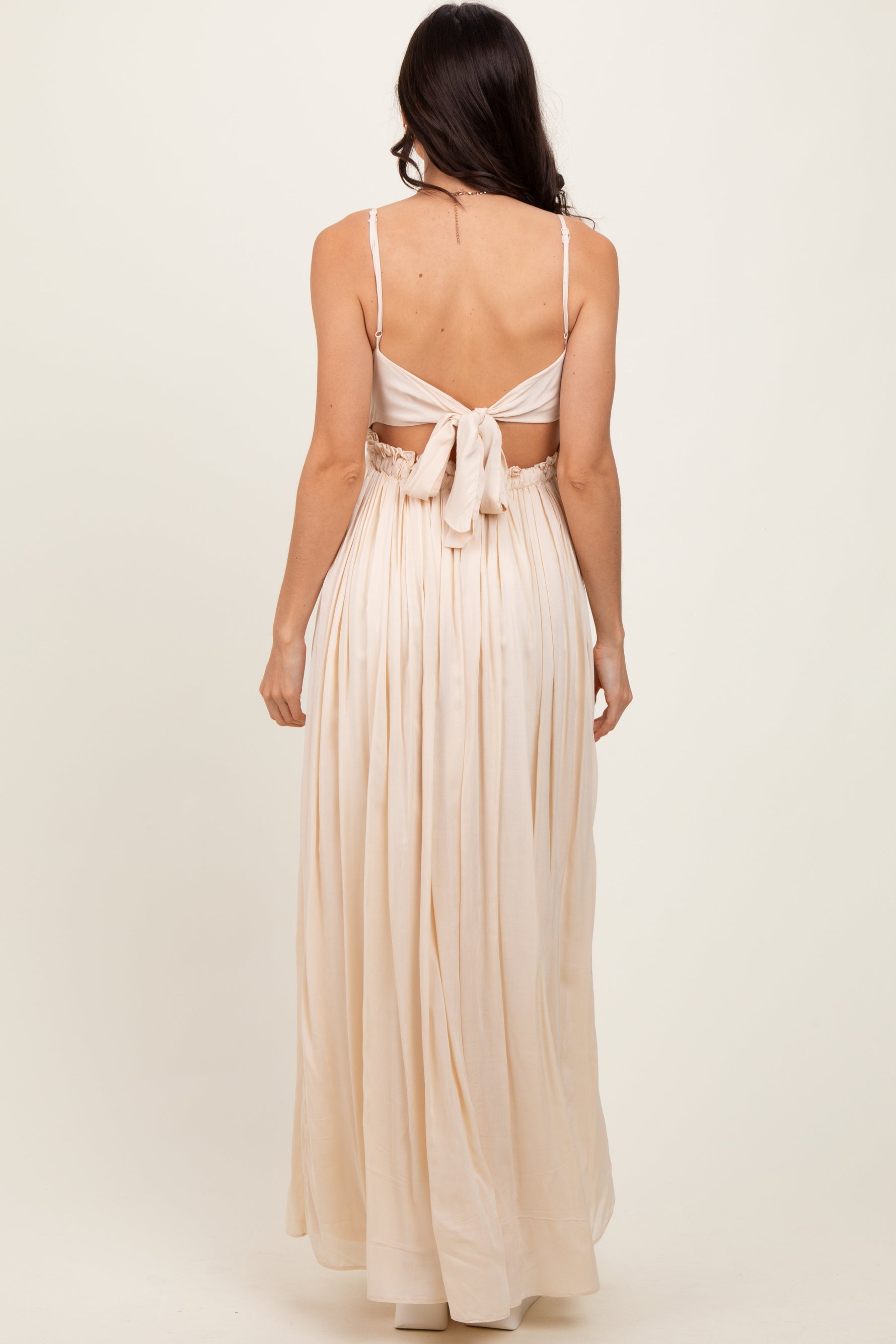 Beige Lace Bodice Cutout Tie Back Maxi Dress by PinkBlush at Everetts Place